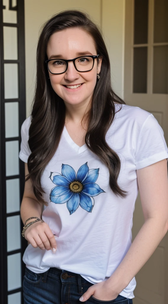 smiling woman with glasses and a black shirt and jeans with a white flower in her hair, short petite body, this person does not exist, cute slightly nerdy smile, lena dunham-sarah drew-maci bookout merged, entire body visible, full body, hyperrealistic, real human skin, best quality, 8K, masterpiece, extremely intricate, detailed eyes, detailed face, detailed body, exaggerated features, pronounced features, fujifilm