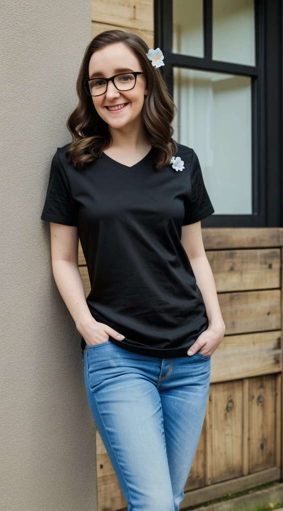 smiling woman with glasses and a black shirt and jeans with a white flower in her hair, short petite body, this person does not exist, cute slightly nerdy smile, lena dunham-sarah drew-maci bookout merged, entire body visible, full body, hyperrealistic, real human skin, best quality, 8K, masterpiece, extremely intricate, detailed eyes, detailed face, detailed body, exaggerated features, pronounced features, fujifilm