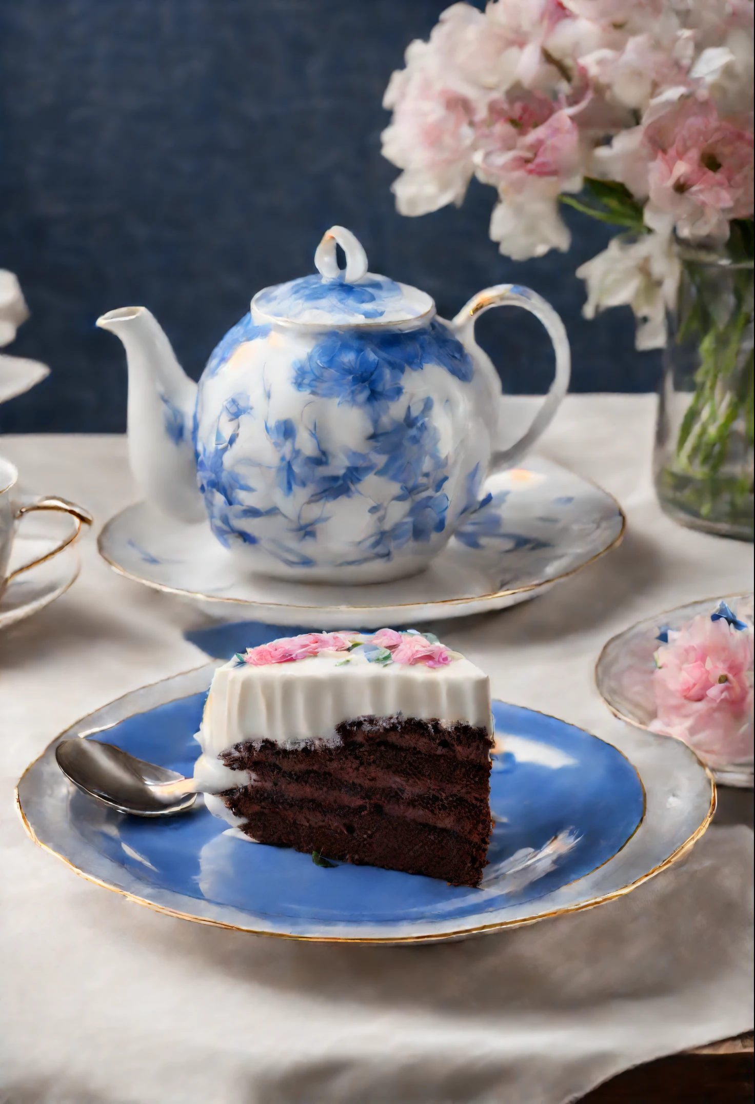 1 slice of chocolate cake,A cup of tea The cup is transparent,The teapot is transparent with a jellyfish motif.,blue flower,catss