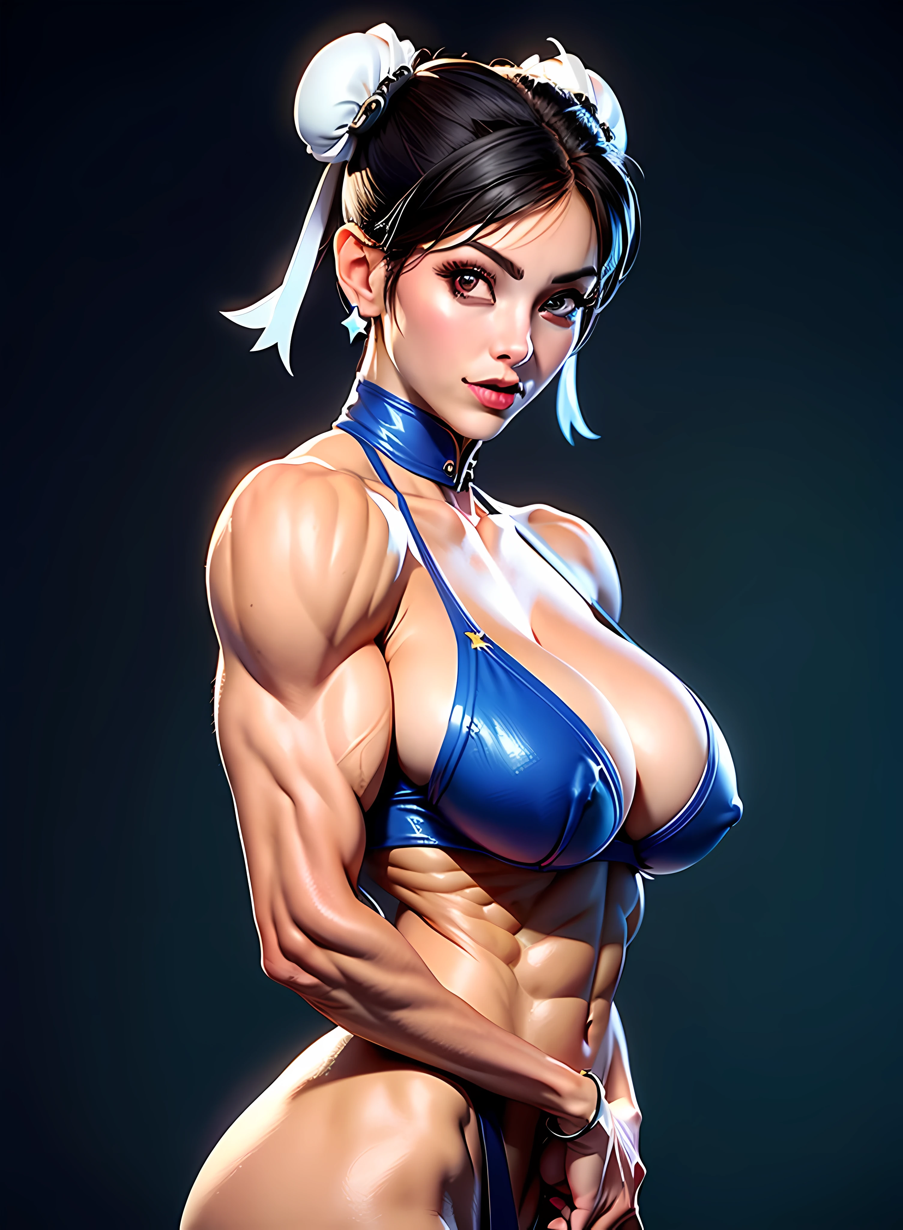 ((Best quality)), ((Masterpiece)), ((Realistic)) and ultra-detailed photography of a girl with goth colors. Chun- li, ((Chun- li)), dressed in (small black micro-thong, black micro-bikini:Star motif ) , ((Beautiful and aesthetic)), ((((huge muscles)))), Sexy, under-boobs, ((huge breasts)), Hot, (Cream gradient background)