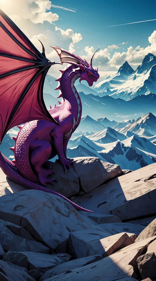 dragonfruit dragon, mountain range, clear sky, clean lines, epic