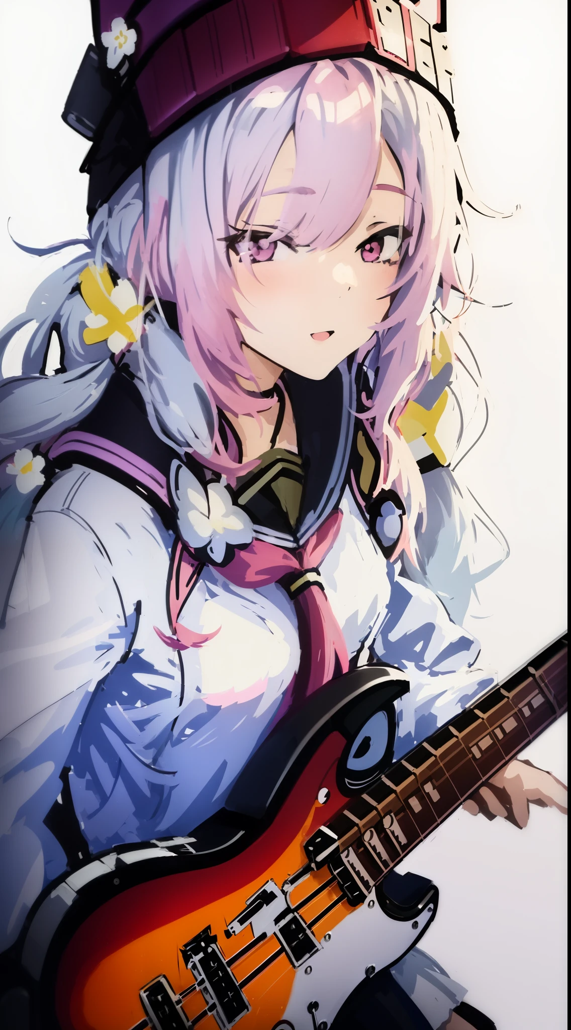 anime girl with long white hair playing a bass guitar, kantai collection style, girl with pink hair, perfect pink haired girl, pink haired, nightcore, white haired deity, one girl has pink hair, konpeki no kantai, anime cover, girls frontline style, white-haired, anime art wallpaper 8 k, anime vibes, with index finger