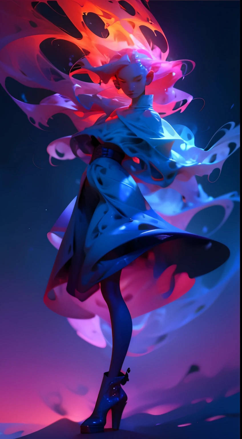A mesmerizing figure, crafted entirely from swirling smoke, dances in a vibrant explosion of colors. The ghostly female form is captured in a full body shot, zoomed in to reveal every intricate detail. The motion effects add an otherworldly quality to the already ethereal image, while the studio lights create a stunning contrast against the colorful smoke. The ultra sharp focus captures every nuance of this unique and visually stunning creation., 3d render, cinematic, anime, architecture, dark fantasy, vibrant
