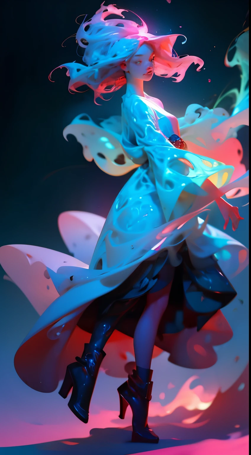 A mesmerizing figure, crafted entirely from swirling smoke, dances in a vibrant explosion of colors. The ghostly female form is captured in a full body shot, zoomed in to reveal every intricate detail. The motion effects add an otherworldly quality to the already ethereal image, while the studio lights create a stunning contrast against the colorful smoke. The ultra sharp focus captures every nuance of this unique and visually stunning creation., 3d render, cinematic, anime, architecture, dark fantasy, vibrant