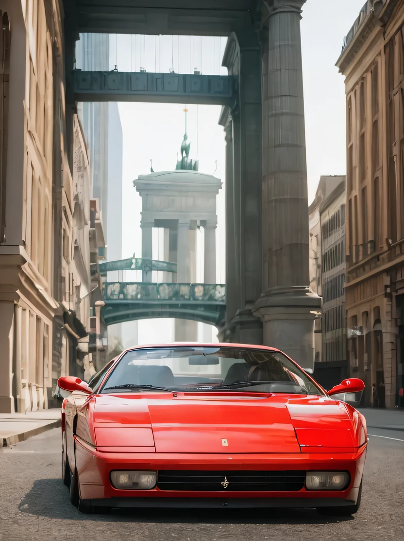 ((masterpiece、top-quality、realisitic、ultra-detailliert、hight resolution、Photorealsitic、foco nítido、photographrealistic、Raw photography、lighting like a movie))、white ferrari testarossa、realisiticなイラスト、The background is Berlin、at noon、high color grade、Calm atmosphere、amazing depth、richly colored、testarosso