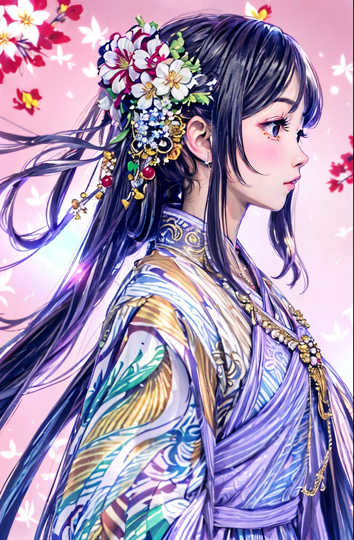 1girl, closed mouth, flower, Costume, hair flower, hair ornament, lily \(flower\), long hair, Flying cherry blossoms, profile,  background, solo, Elegant color, upper body, fresh and  background, white flowers