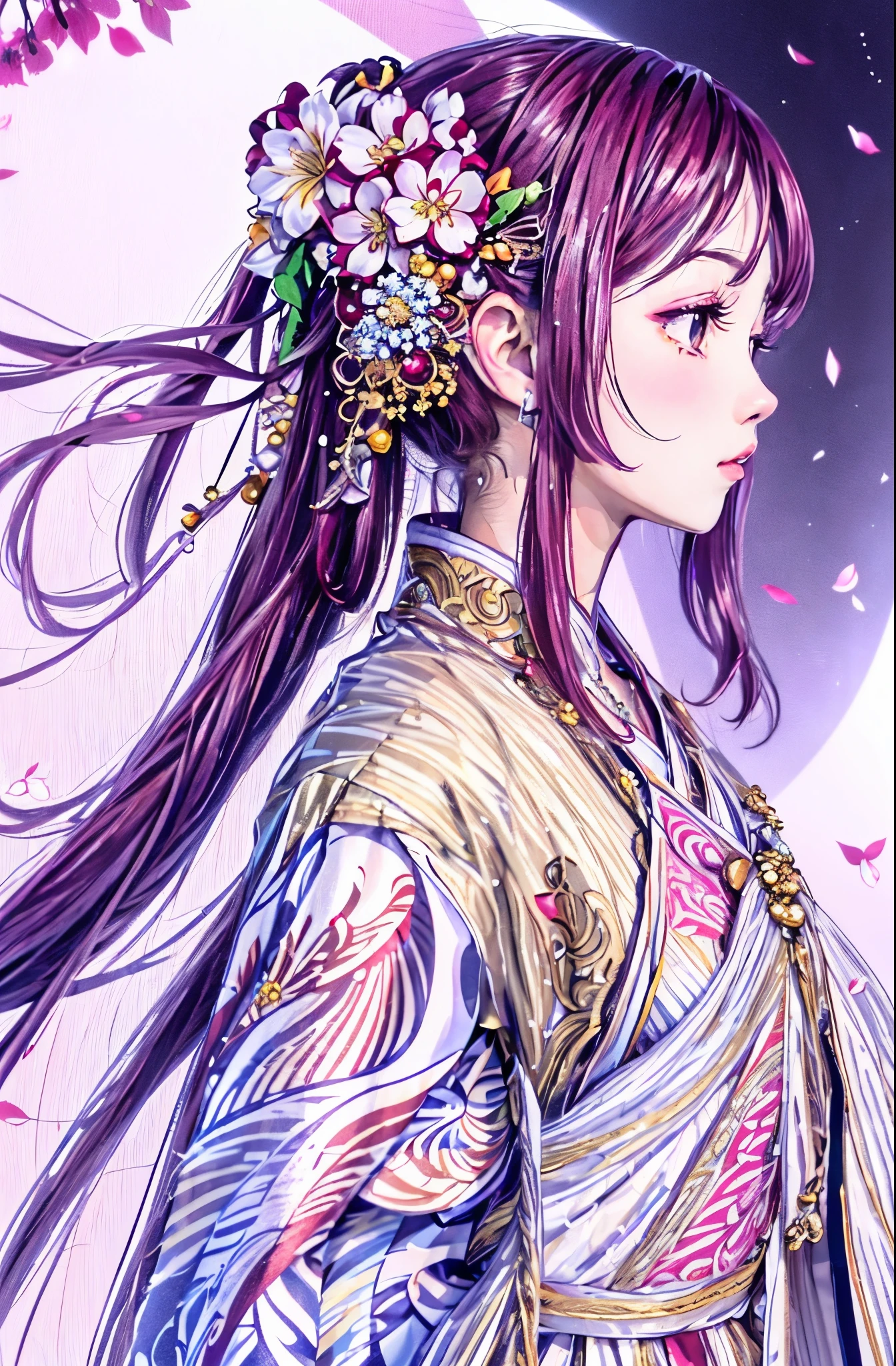 1girl, closed mouth, flower, Costume, hair flower, hair ornament, lily \(flower\), long hair, Flying cherry blossoms, profile,  background, solo, Elegant color, upper body, fresh and  background, white flowers