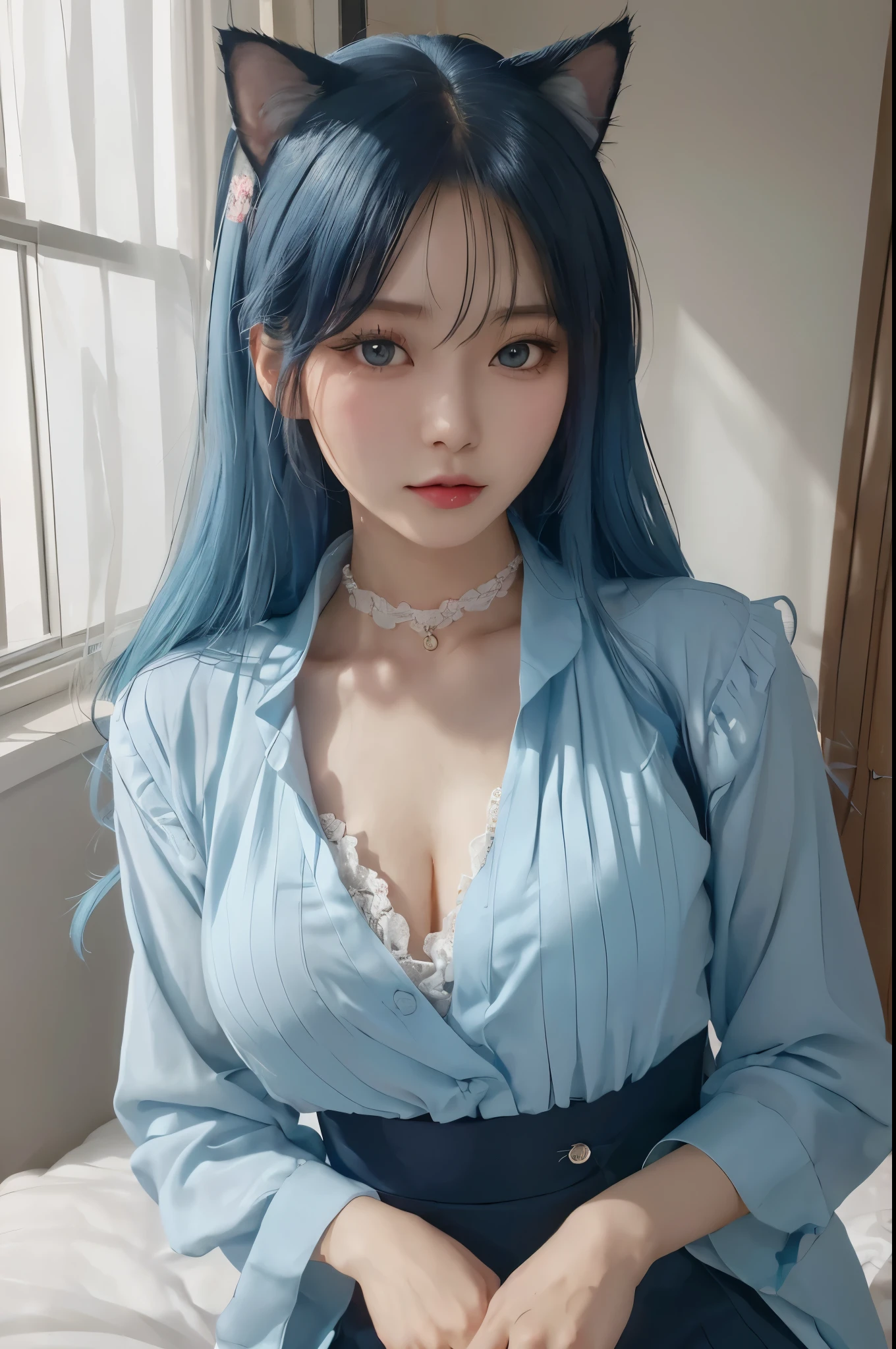 (tmasterpiece, The best_quality, ultra - detailed, 8K, hyper HD, flawless perfection:1.latin blue hair, blue hairs,cat woman,, Cat ears, glowing pink eyes, the shy, Compliant, face flushed, Wet oily skin, on top of bed, The large胸老婆, heart tattoo above, , The large腿粗, Beautiful hip curve, 巨The large, thicc, skin tight, scantily clad, Lace, collars, face to the viewer, window, Bedrooms, midynight, sexy for,,Japan goddess, Cardigan shirt, Korean girls, 美丽的asiagirl, V-shaped bust clothes, low chest,巨The large,Expose the upper half of the chest,not compact,下垂的The large胸,gorgeous chinese models, gorgeous young korean woman, model in Japan, Thick lips,duck mouth,asiagirl, beautiful young korean woman, in blouse wearing, beautiful Korean women, 坐on top of bed, watching the future,巨The large,The large,Upp,frontal photos,super closeup,facing at the camera,Take photos carefully