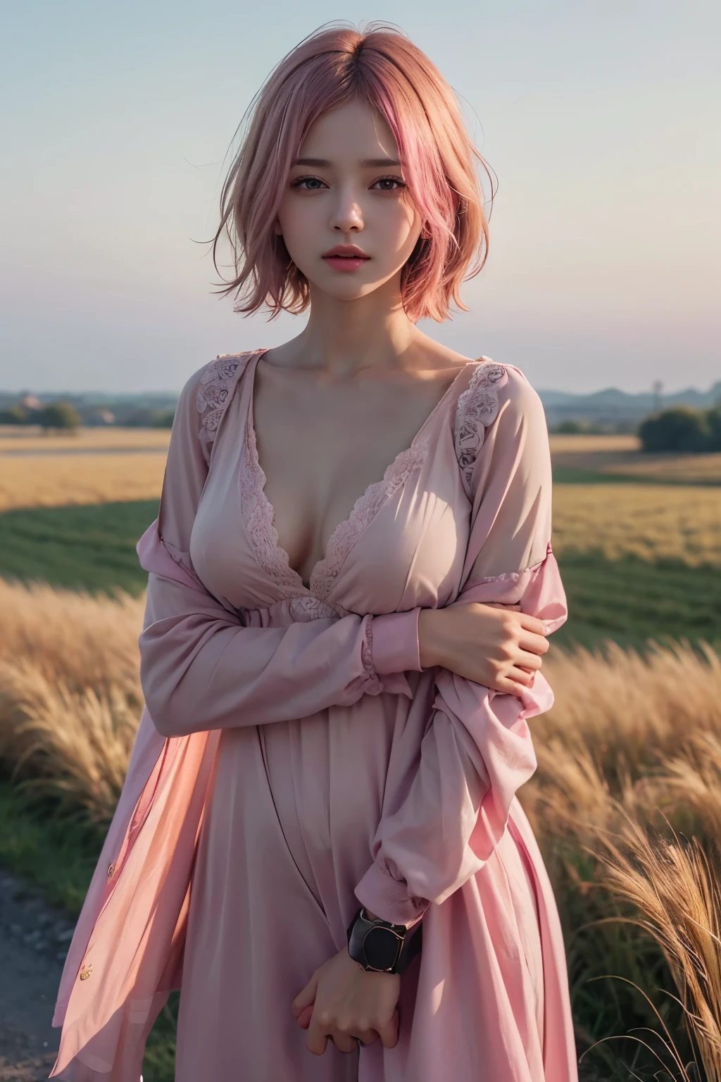 (8K, top-quality, masterpiece:1,2), (reallistic, Photorealsitic:1.37), Super Detail, One girl,), (Highly detailed), (beautifully detailed eyes), (of the highest quality), (super detailed ), (masterpiece), (Detailed face),20yr old, ,1 girl, full body, pink hair,Very short hair, medium breasts, clothed, Perfect Lighting, pussy and breast focus, looking at viewer, aroused face, naughty face, wearing pink Salwar Kameez, wheat field, dusk, wind blowing,