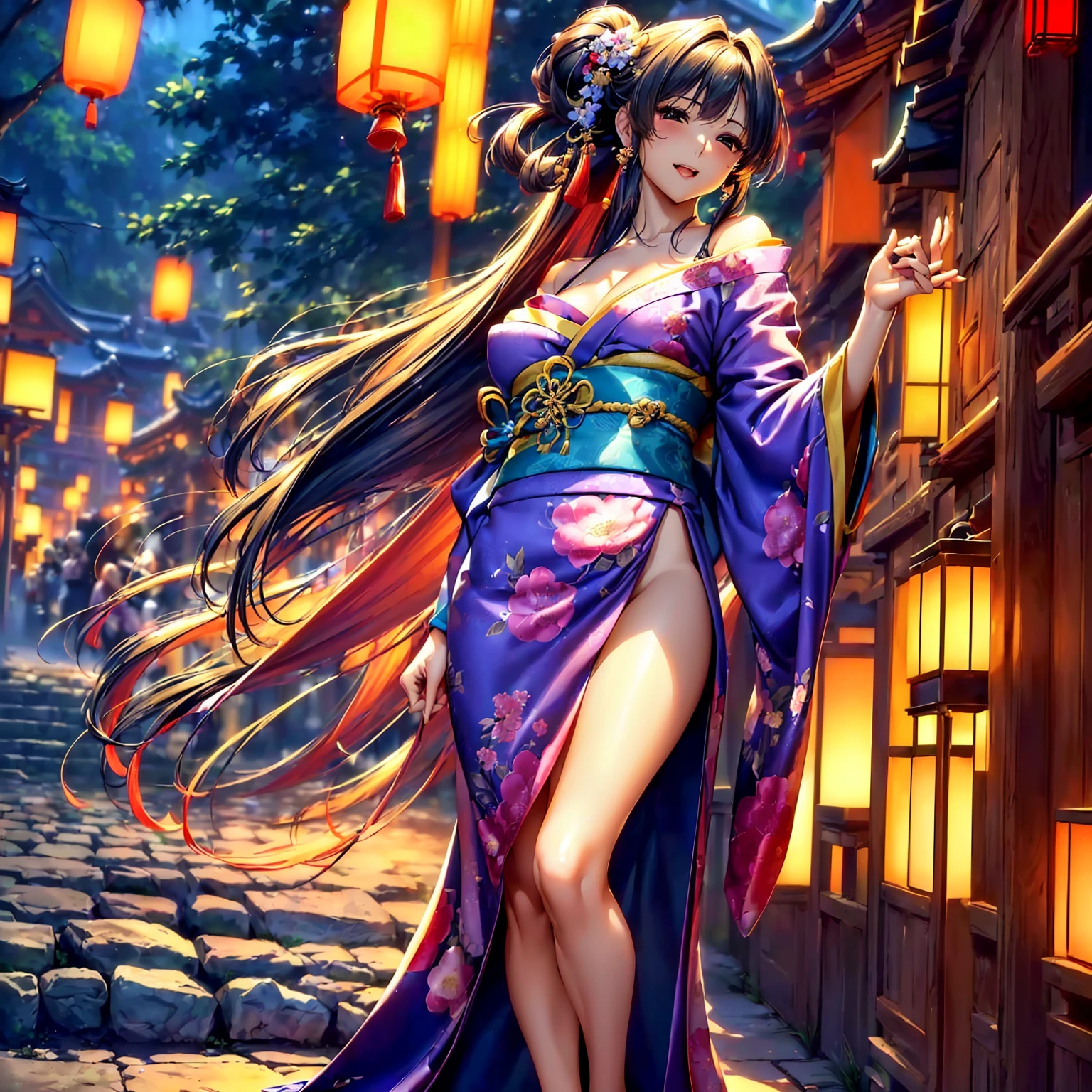 (top quality picture、masterpiece level、very high res、超A high resolution,High quality detailing)、(A 24-year-old beautiful girl with perfect and ultimate beauty..,beautiful breasts and figure,Beautiful body,美丽的面容,Strong-willed eyes,Have a bright smile,line of sight,Mouth opens:1.5)、(There are many variations of hairstyles,Bangs are neatly arranged,long straight hair on the side,Beautiful hair:1.2),lifelike textures,Beautiful colors,(She is wearing a Japanese kimono with beautiful colors.,Richly colored kimono,Wear a Japanese kimono with beautiful colors and patterns,Wear a Japanese kimono with beautiful colors and patterns,Japanese decoration,Japanese hair,shoulders are exposed,I can see the cleavage, I can see the thighs.:1.2)(The wind is blowing,The wind blows and the sleeves and obi of the kimono flap.,Hair flutters under the influence of the wind:1.2),Beautiful Japan garden,fantastic night sky and moon,Lanterns are lit,nighttime scene,Beautiful Landscapes,(The whole body,accurate anatomy、extremely detailed picture、Accurate images、Perfect Image 1.5)、beautiful anime woman, Beautiful Art Style, an animated character、(The whole picture、Detailed picture、Defect-free images、natural soft light、beautiful image),(Best Shot 1.2)