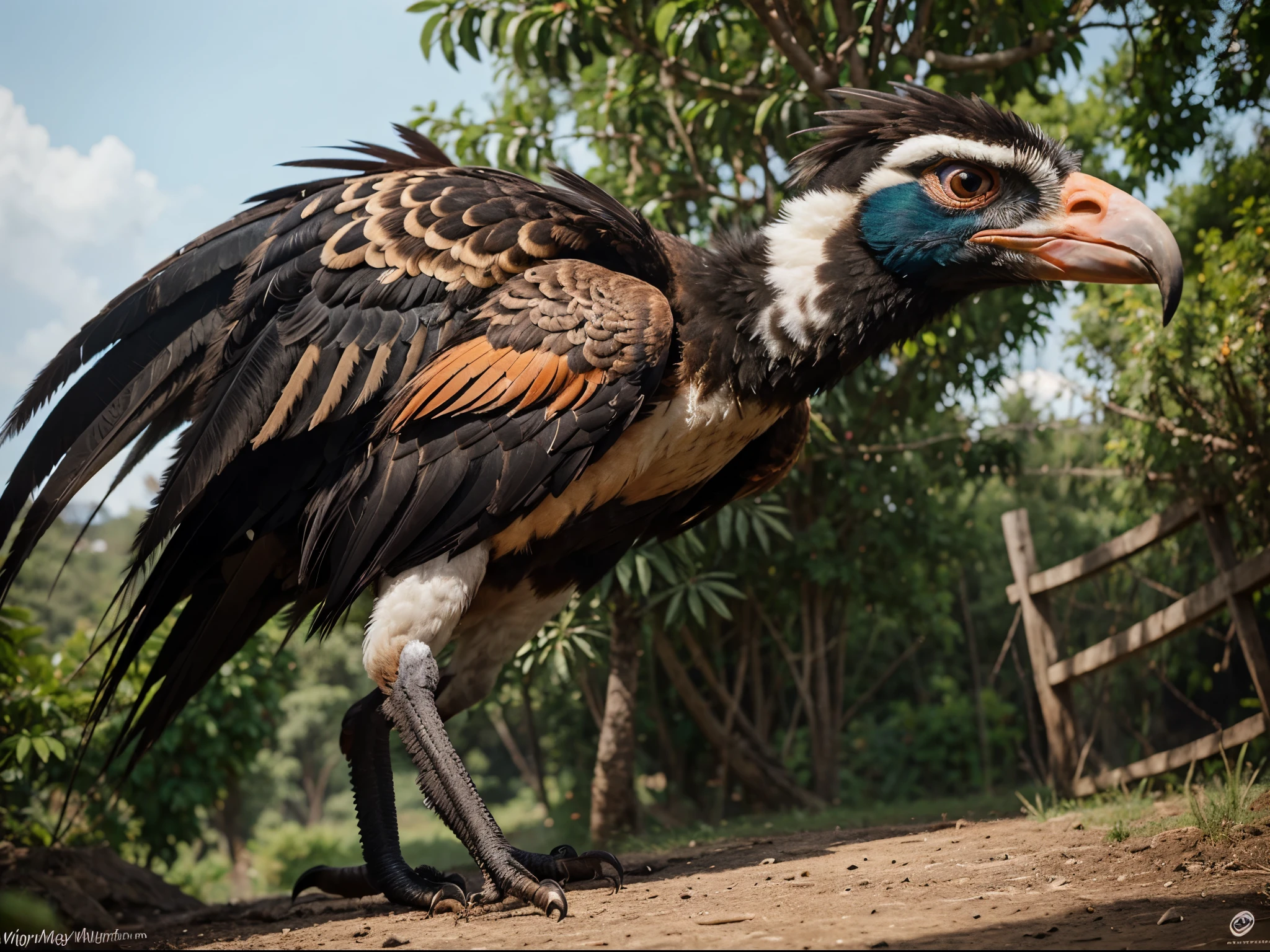 Imaginative crossbreed of Bearded Vulture and Cassowary, photorealistic, hybrid animal, hyper detail, Bokeh background, full body, realistic, 1bird, realism