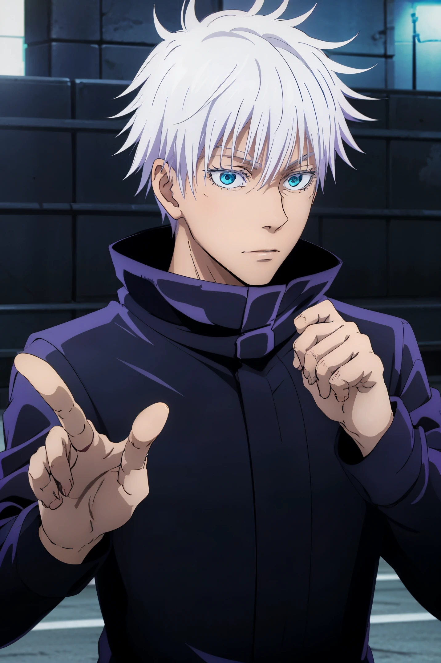 best quality, ultra high res, Gojo Satoru, Jujutsu Kaisen, looking at viewers, standing, white hair, blue eyes, black jacket , popped collar, outdoors, male focus, upper body, stylish_pose, hands,