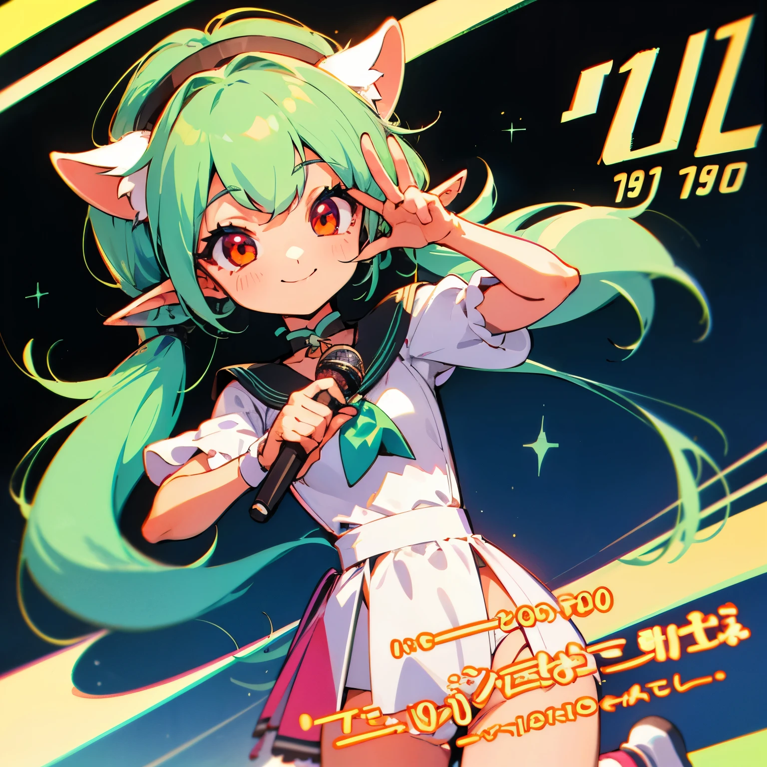 hightquality、Green Twin Tail、Elven ears、Red Eyes、small tits、Cute smile、Turn to me and smile、A mischievous smile、Idol costume、holding a microphone、cute pose、((1980s style))、Chibi