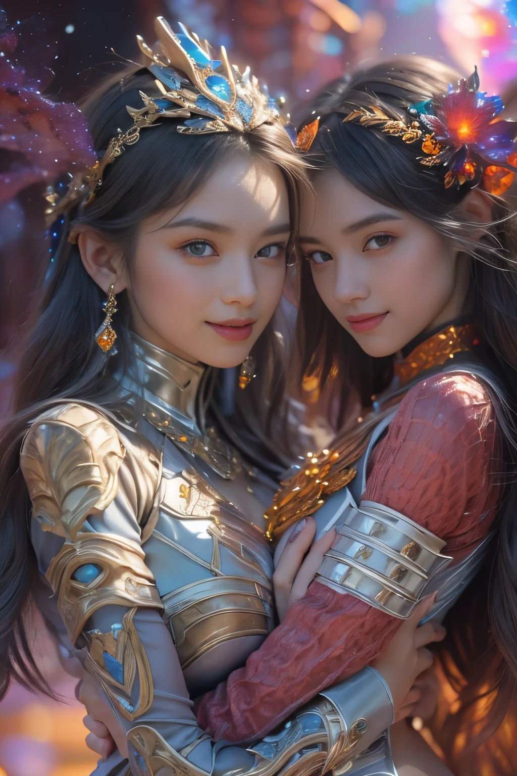 (Two beautiful teenage italian girls:1.6), Close friends, (They are hugging each other:1.2), Kiss her cheek or chest,(Detailed iridescent bodysuit with beautiful fractal or marble design:1.5), Incredible and spectacular scenes, ((High quality)), ((Detailed)), ((Fantasy)), Blue Plasma Brain, Green Plasma Body, Showing her armpits, beutiful breast,  obscenity, (Lewd smile:1.2), coarse, Obscene,  (Immoral:1.2), Lachish, (small breasts with beautiful raised pink areolas,:1.5), (Cameltoe), (Expression of ecstasy:1.2), Photorealistic, Official art, Unity 8K Wall , 8K Portrait, Best Quality, Very high resolution, (Incredibly beautiful nature background:1.6), (18 years old:1.5), (Sexy and glamorous:1.1), (A coquettish expression:1.6), (seductively smiling:1.6),  (erotic posing:1.9), (Model Posing:1.8), Beautiful seductive face, Portrait, (Thick eyebrows:1.4), (Big scarlet eyes:1.6), Beautiful eyes with fine symmetry, (Ultra detailed eyes:1.4),(Highly detailed face and eyes:1.7), (High-resolution red-eye:1.8), Intimate face, (ultra detailed skin texture:1.4), White skin, pale skin, Perfect Anatomy, Thin, (Beautiful toned body:1.5), Highly detailed hair,  (Moist skin:1.2), No makeup, (dark circles:1.1), Good anatomy, Focus Face, good-looking, (Emilia Clark:0.6) (Emma watson:0.3),(Jennifer Connelly:0.4),  Elegant face, Nice,  (A delicately crafted necklace is wrapped around her neck.), (Bioluminescence with brilliant brilliance:1.4), (Luminous magic circle:1.5), Ruins of an ancient castle, Shining majestic cloud masses and sky, lightning bolt, Epic Realistic, (Greg Rutkowski:0.8), (teal and orange:0.4), (Art Station:1.5), Cinematic, (NSFW:1.2),  Hyper Detailed, Dramatic light, (Intricate details:1.1), Beautiful black hair,　(Wearing a gauntlet with a dense and very beautiful design decorated with jewels:1.1), Small chest, Galaxy, (nebulas:1.6), The Dark Knight, Fully armored body focus