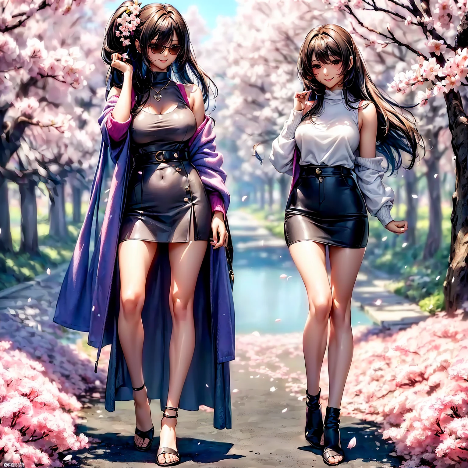 (top quality picture、masterpiece level、very high res、超A high resolution,High quality detailing)、(A 24-year-old beautiful girl with perfect and ultimate beauty.,beautiful breasts and figure,Beautiful body,美丽的面容,Strong-willed eyes,has a bright smile:1.5)、(There are many variations of hairstyles,The bangs are neatly arranged,long straight hair on the sides,Beautiful hair:1.2),lifelike textures,Beautiful colors,(Wear sleeveless knitwear,1 diamond necklace,wearing miniskirt,Wearing clothes that expose the shoulders,Beautiful legs are visible,),(A path lined with flourishing cherry blossom trees,Cherry blossoms in full bloom,The wind is blowing,Hair flutters under the influence of the wind:1.2),(model poses,modelshoot,Magazine shooting),(Beautiful Landscapes,The whole body,accurate anatomy、extremely detailed picture、Accurate images、Perfect Image 1.5)、beautiful anime woman, Beautiful Art Style, an animated character、(The whole picture、Detailed picture、Defect-free images、natural soft light、beautiful image),(Best Shot 1.2)