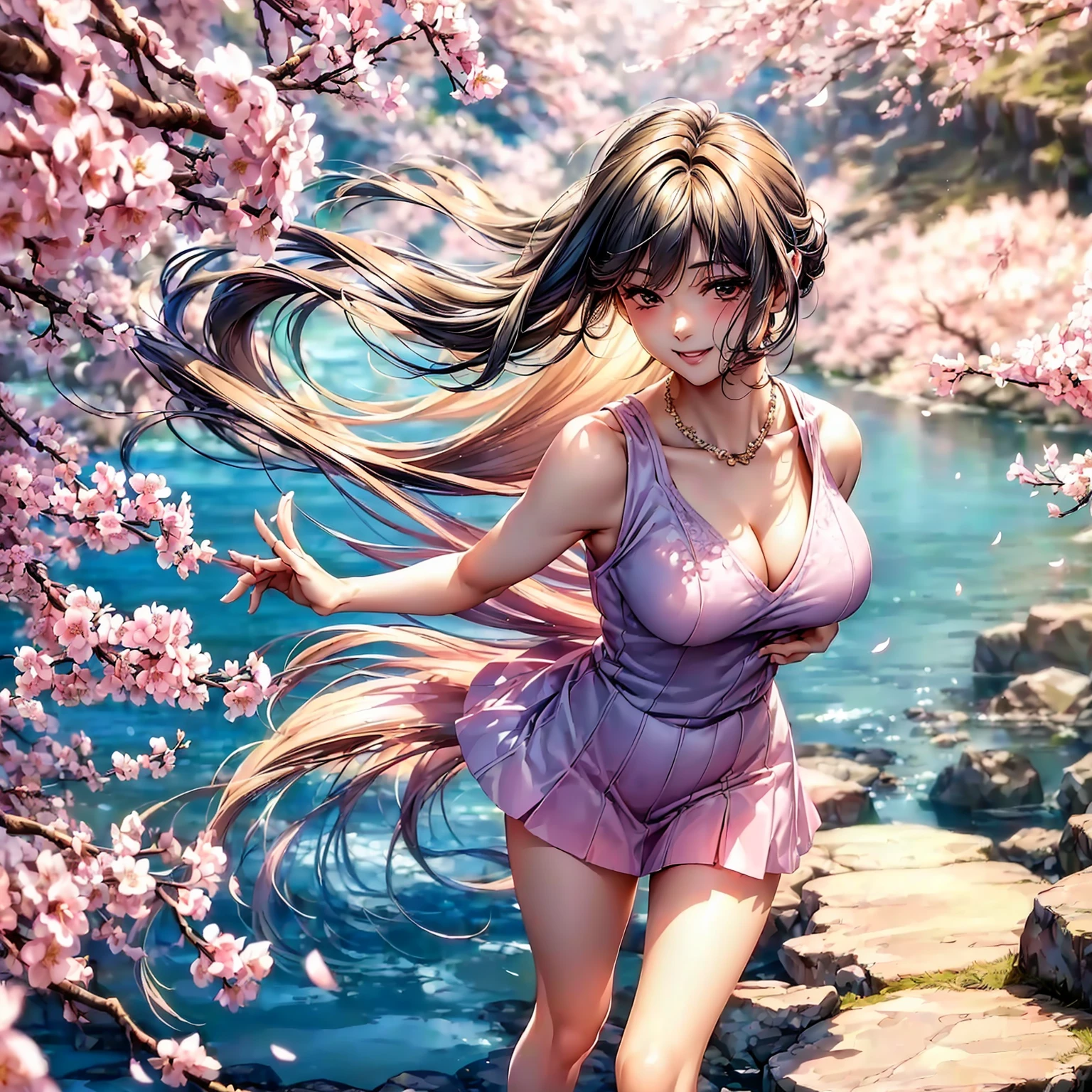(top quality picture、masterpiece level、very high res、超A high resolution,High quality detailing)、(A 24-year-old beautiful girl with perfect and ultimate beauty.,beautiful breasts and figure,Beautiful body,美丽的面容,Strong-willed eyes,has a bright smile:1.5)、(There are many variations of hairstyles,The bangs are neatly arranged,long straight hair on the sides,Beautiful hair:1.2),lifelike textures,Beautiful colors,(Wear sleeveless knitwear,1 diamond necklace,wearing miniskirt,Wearing clothes that expose the shoulders,Beautiful legs are visible,),(A path lined with flourishing cherry blossom trees,Cherry blossoms in full bloom,The wind is blowing,Hair flutters under the influence of the wind:1.2),(model poses,modelshoot,Magazine shooting),(Beautiful Landscapes,The whole body,accurate anatomy、extremely detailed picture、Accurate images、Perfect Image 1.5)、beautiful anime woman, Beautiful Art Style, an animated character、(The whole picture、Detailed picture、Defect-free images、natural soft light、beautiful image),(Best Shot 1.2)