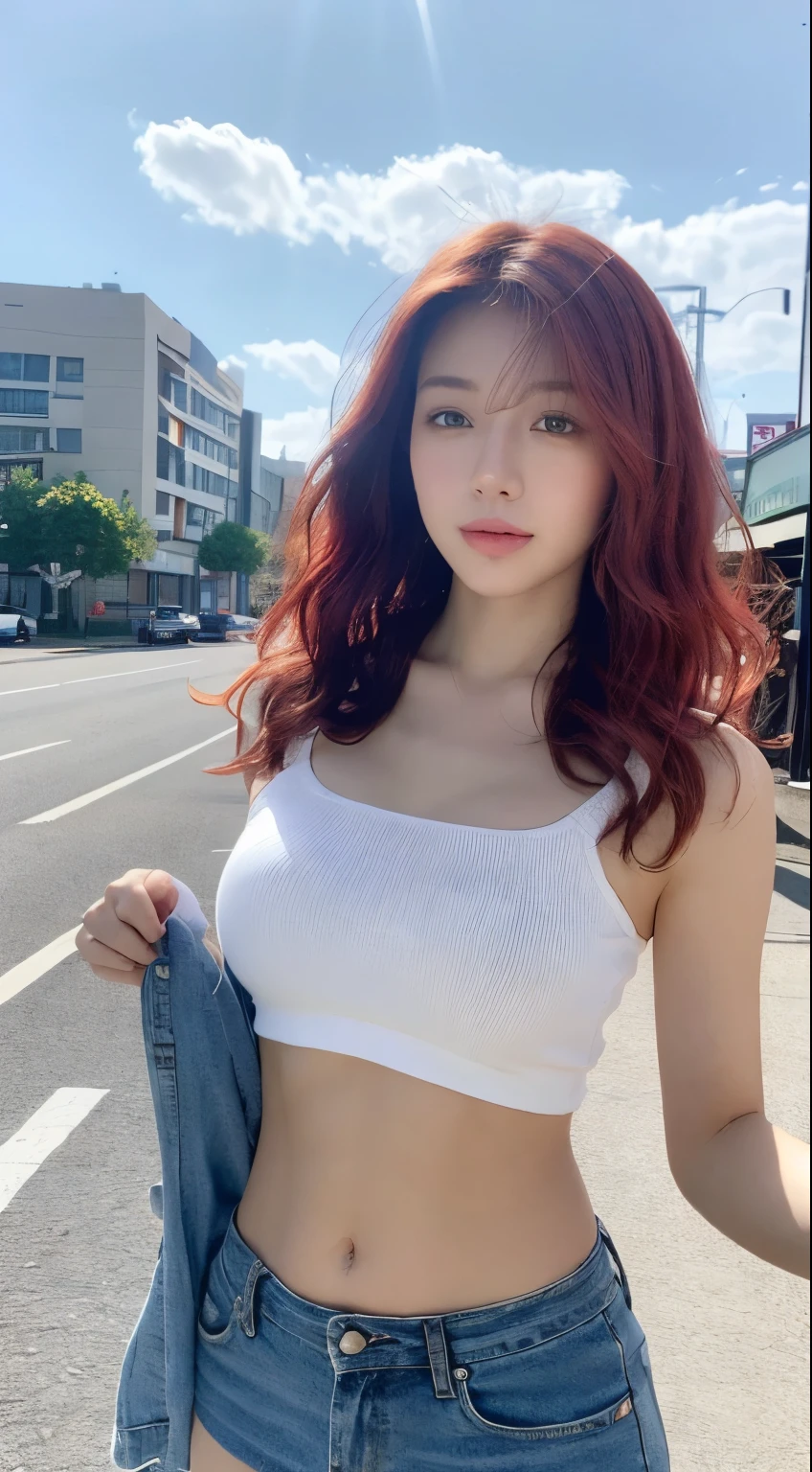 ((Realistic lighting, best qualtiy, 8k, tmasterpiece:1.3)), sharp fokus:1.2, 1girl, Beautiful Women with Perfect Figure:1.4, Slim abs:1.1, ((red hair, Brustwarzen:1.3)),Cowgirl posture,(exteriors,In the daytime:1.1),Country streets,Ultra-fine face,Fine eyes,二重まぶた,curlies,with fair skin,,Random color clothes