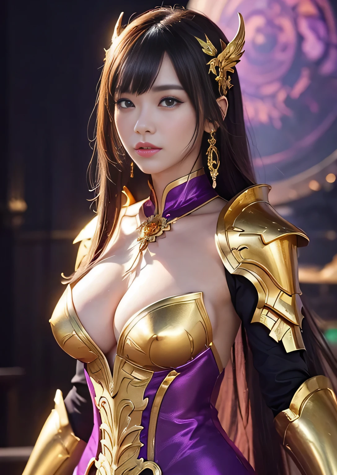 close-up of a woman in a gold and purple dress, chengwei pan on artstation, by Yang J, detailed fantasy art, stunning character art, fanart best artstation, epic and exquisite character art, beautiful armor, extremely detailed art, detailed digital anime art, artgerm on artstation pixiv, girl in armor