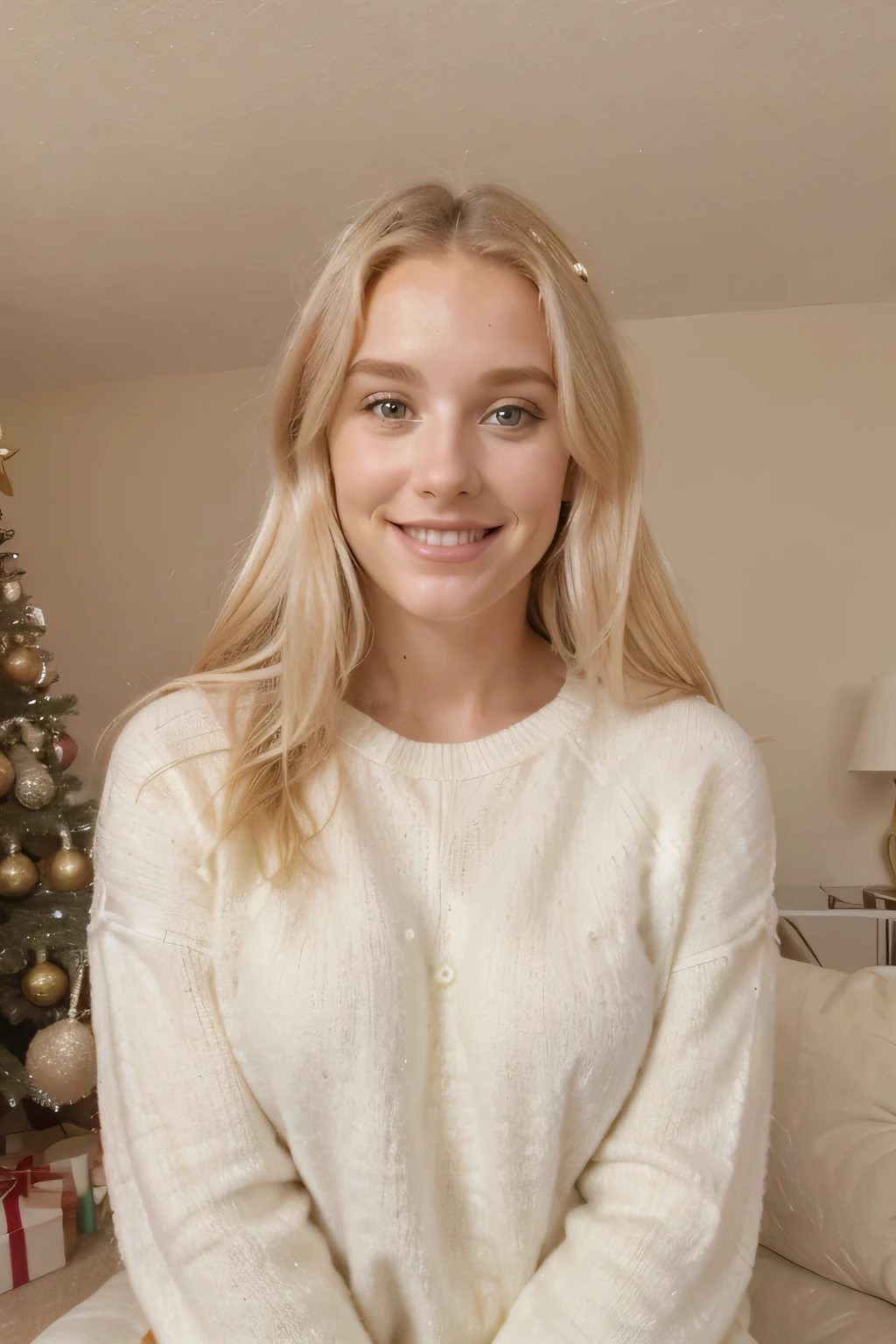 christmas themed modeling photo, christmas tree white and gold, living room, blonde californian girl, 28 years old, smile, pink soft sweater