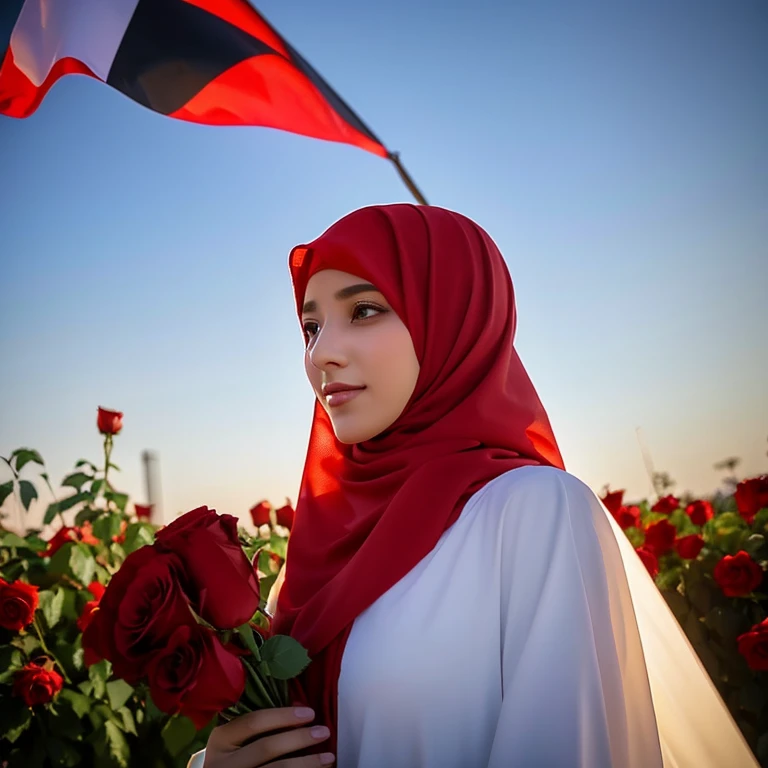 A beautiful woman, wearing a long hijab in the sky with a gradient motif of the Palestinian flag, while crying and holding red roses,