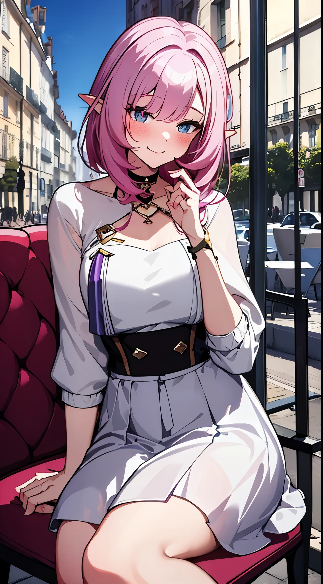 Masterpiece, high quality, 4k, background Paris France city, sitting in a cafe chair, sipping tea, pink hair, elf ears, white casual clothes, long skirt, smile, shy, blush face