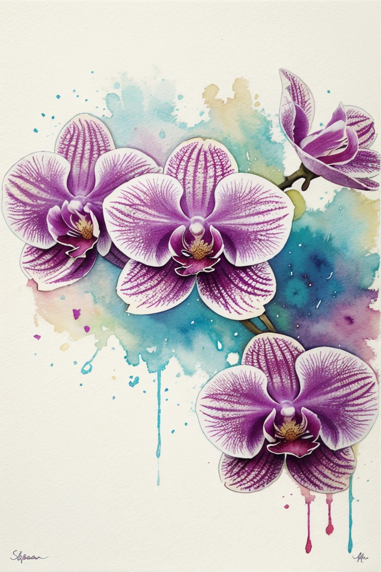 arte abstrata em aquarela, suave, flores, campo, splashes. Orchid flowers