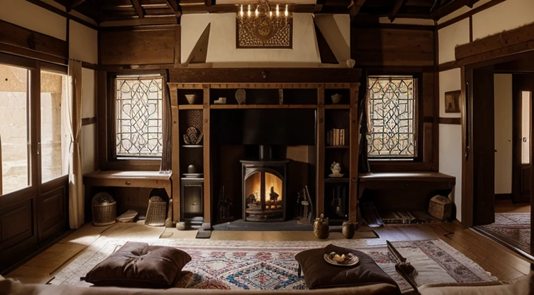 Create an image of the interior of a traditional Iranian house located in the northern region. The viewpoint is from a person sitting on a couch, overlooking the entire room. Emphasize Iranian elements and items from the past 20 years. Ensure that a large window showcases the picturesque nature outside. In one corner, depict an unlit fireplace with visible logs. On the opposite wall, include a large blackboard. Capture the serene atmosphere and cultural richness.