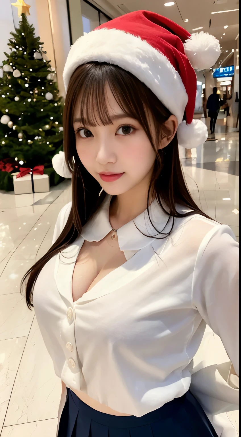 photo of a very cute and beautiful girl, ((upper body)), standing in shopping mall with big Christmas-tree, spot light, brown short hair, beautiful sensuous eyes, sensuous smile, thin eyebrows, voluptuous body, intricate detail, natural skin, beautiful thighs, perfect hands, perfect fingers, detailed skin, mole, upper body,
BREAK
wearing  sailor school uniform, white, see-through, long-sleeve, blue sailor collar,navy Pleated Skirt Plain, formal, half-cleavage, back hair, santa hat, cks,
outdoor, shopping mall, Christmas-tree, crowd, Christmas sale, shopping  bag,