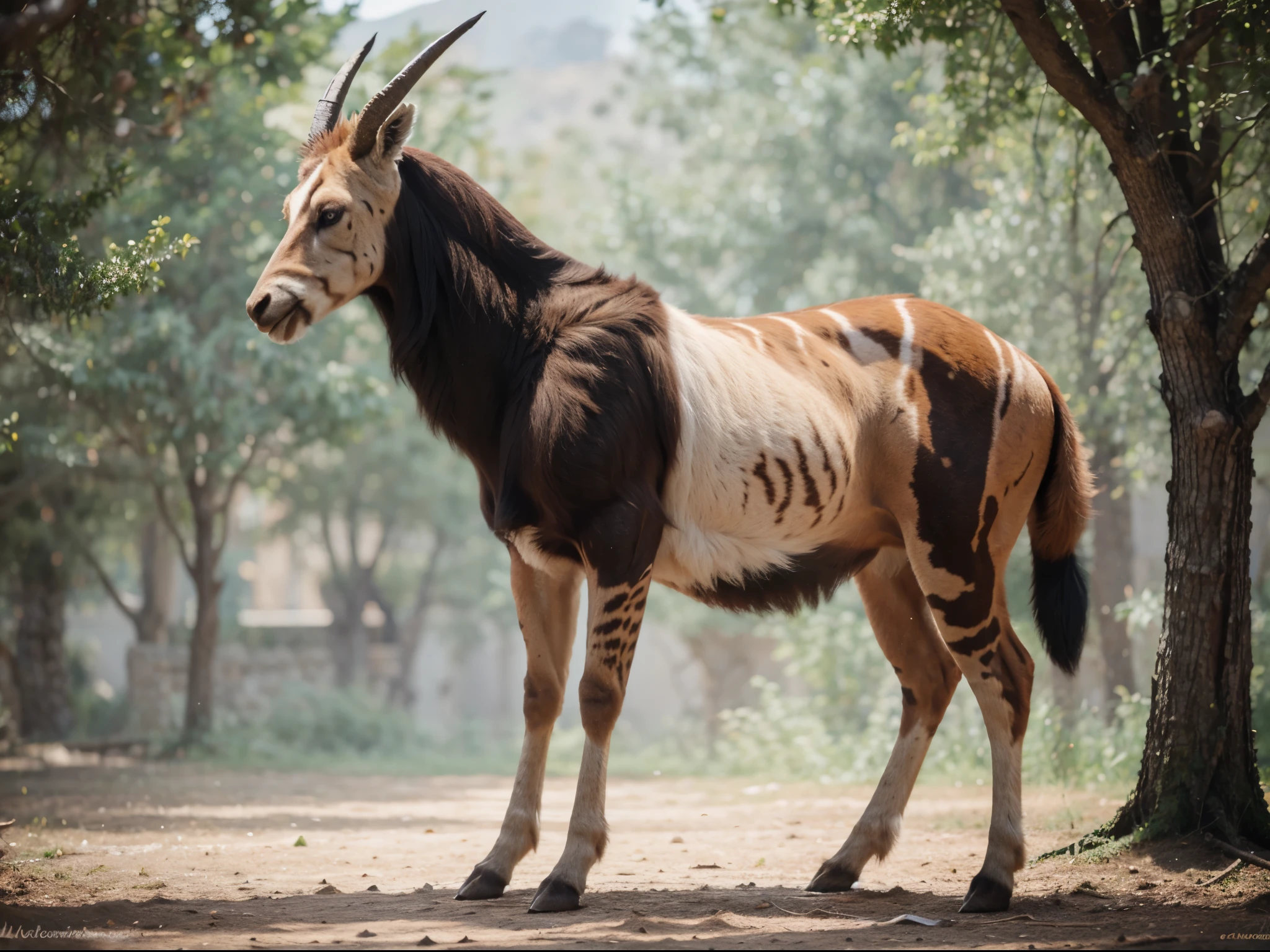 Imaginative crossbreed of Markhor and Okapi, photorealistic, hybrid animal, hyper detail, Bokeh background, full body, realistic, realism