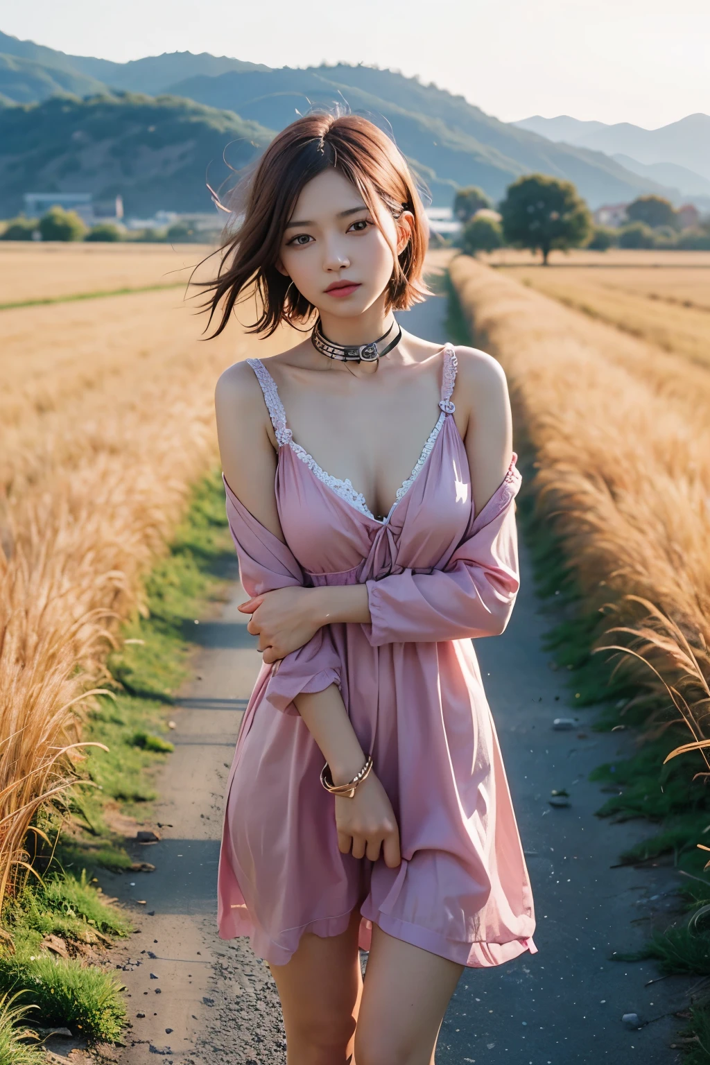 (8K, top-quality, masterpiece:1,2), (reallistic, Photorealsitic:1.37), Super Detail, One girl,), (Highly detailed), (beautifully detailed eyes), (of the highest quality), (super detailed ), (masterpiece), (Detailed face),20yr old, ,1 girl, full body, pink hair,Very short hair, medium breasts, clothed, Perfect Lighting, pussy and breast focus, looking at viewer, aroused face, naughty face, wearing pink Salwar Kameez, wheat field, dusk, wind blowing, collar, handcuffs
