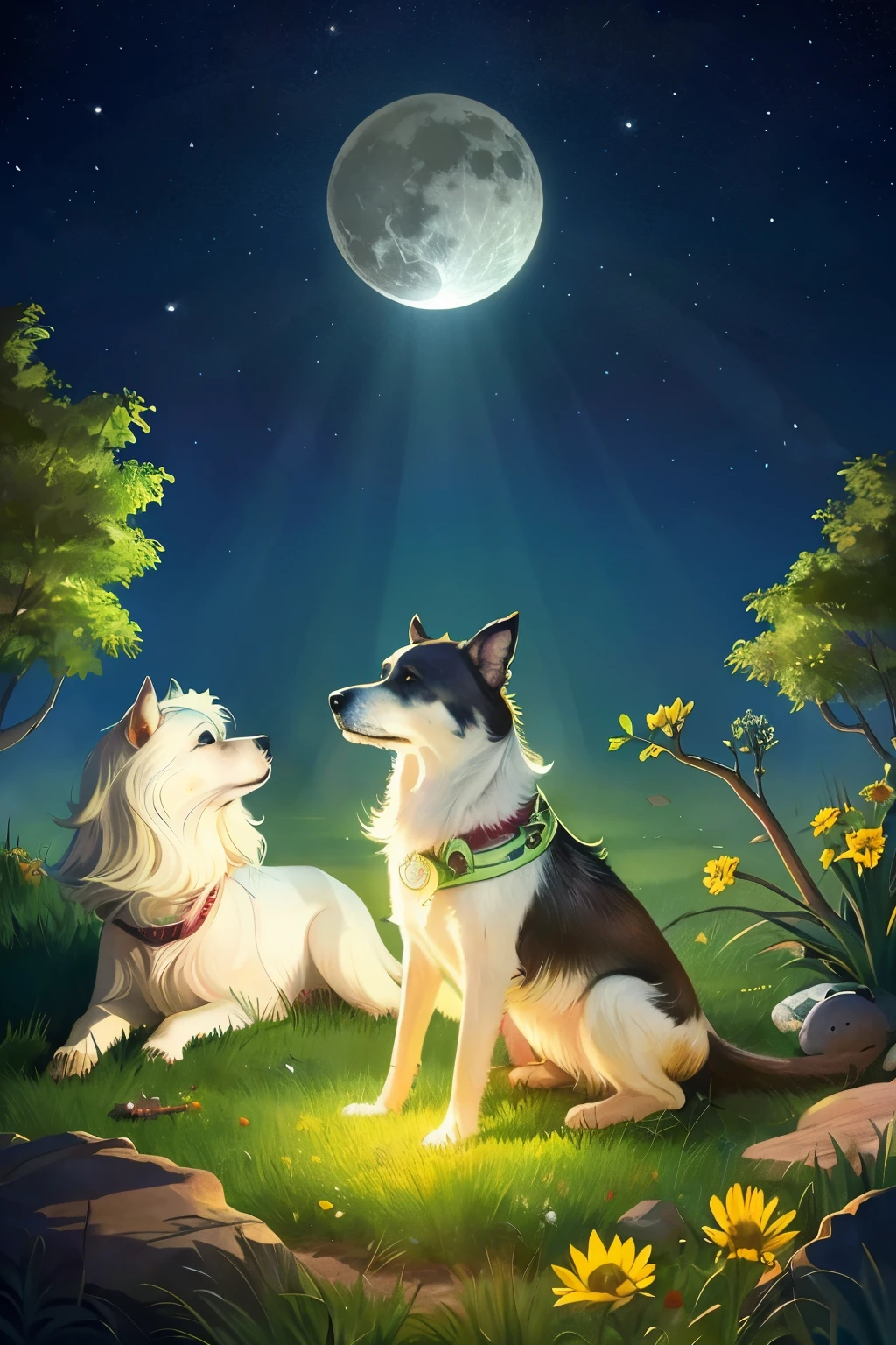 The background is a super moon, a dog with bright hair sitting on a branch under the stars, (Little Boy: 1.5), green Clothes, Ethereal Dog, Dreamy,Demon, Detailed Art, Beautiful Artwork Illustrations, Mythical Creatures, dogs, Beautiful Digital Works of Art,