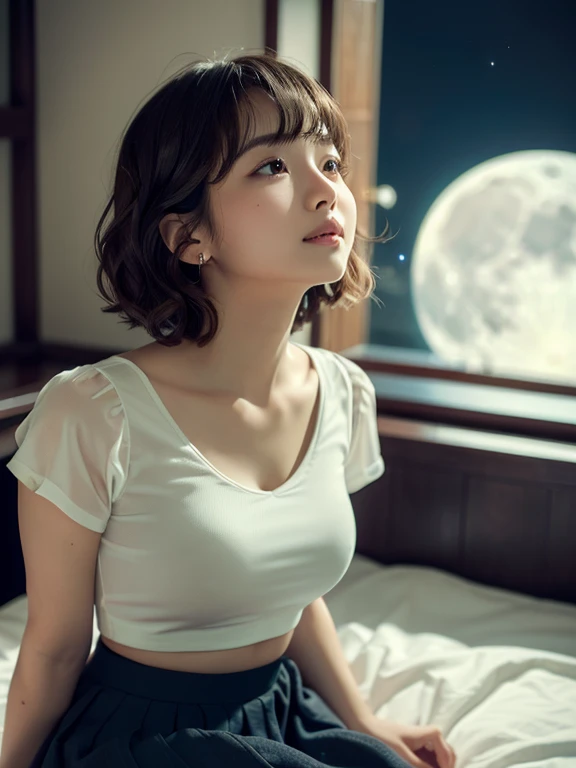 ​masterpiece, Best Quality, Ultra-detailed, film photography, Extremely delicate and beautiful ,hight resolution, 1 girl in, 25-years old, Beautiful girl , Japanese girl, ((room at night))、((Pitch black room)), ((looking up )), japanese, , ((crop top shirt, long skirt)),Shy face, little smile, ((Plump lips),{{less mole}},(Natural Skin), (Wavy Hair),(Short hair), (Detailed eyes),(detailed facial features), (detailed arms),(Detailed fingers),(Detailed feet),eyes focus,softfocus, moon light