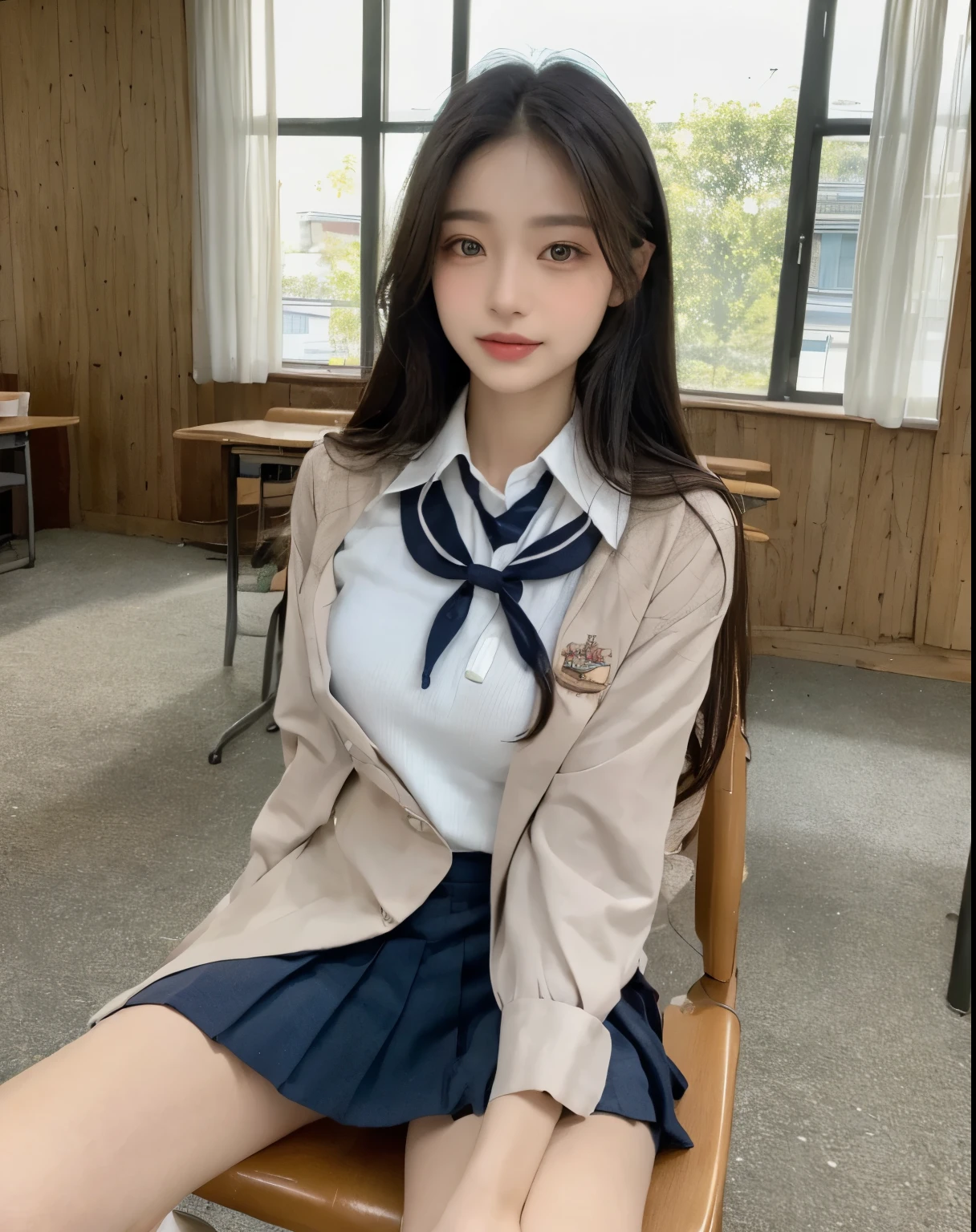 (((Best Quality, 8K, Masterpiece: 1.3,)), high-definition facial features, delicate facial feature, 1girl, Slim Abs Beauty: 1.3, ((long hair, natural hair)), ((((wearing school uniform)))), Fine Face, (((Delicate Eyes))), Double Eyelids, Smile, looking at the viewer, ((full body 1.5)), (((background : school))), ((((natural background)))), (sitting on the chair), chair, window, bare legs