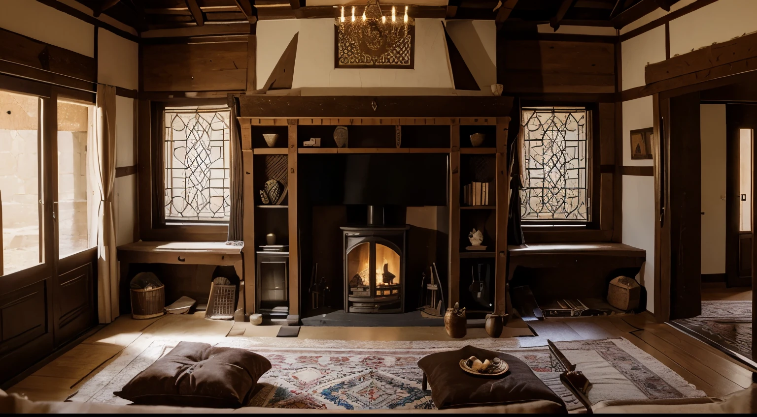 Create an image of the interior of a traditional Iranian house located in the northern region. The viewpoint is from a person sitting on a couch, overlooking the entire room. Emphasize Iranian elements and items from the past 20 years. Ensure that a large window showcases the picturesque nature outside. In one corner, depict an unlit fireplace with visible logs. On the opposite wall, include a large blackboard. Capture the serene atmosphere and cultural richness.
