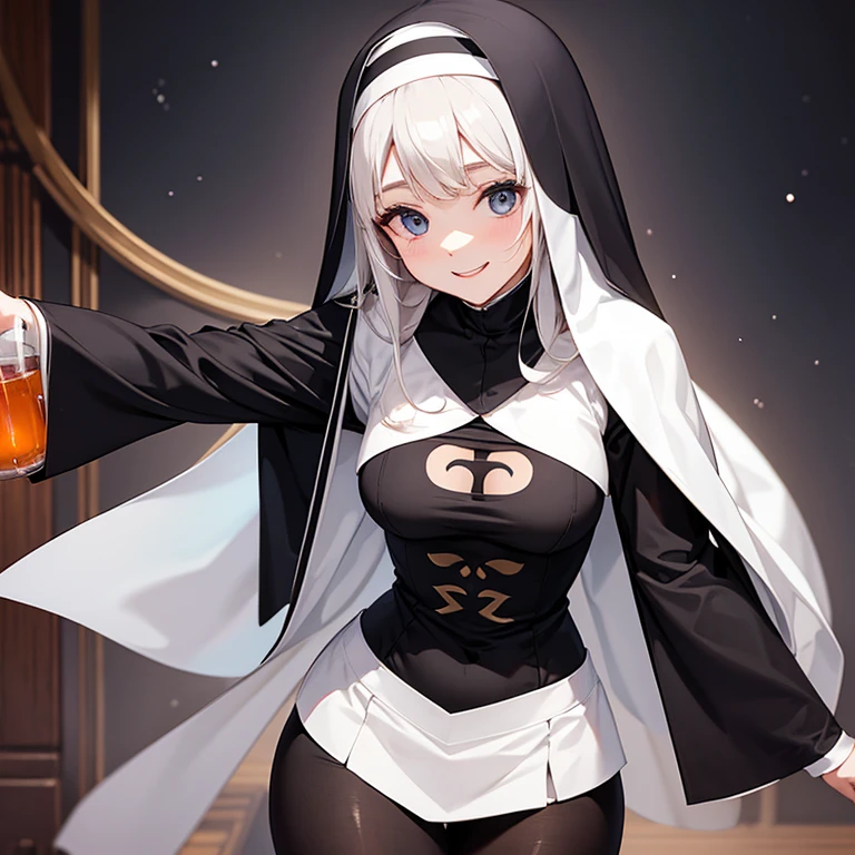 A 30 year old women with SNOMYRS  Nun Costume For Women Japanese Kawaii Lingerie Halloween Bodysuit Women Nun'S Dress Uniform The Nun Cosplay Costume With Headpiece, smiling face, looking at viewer