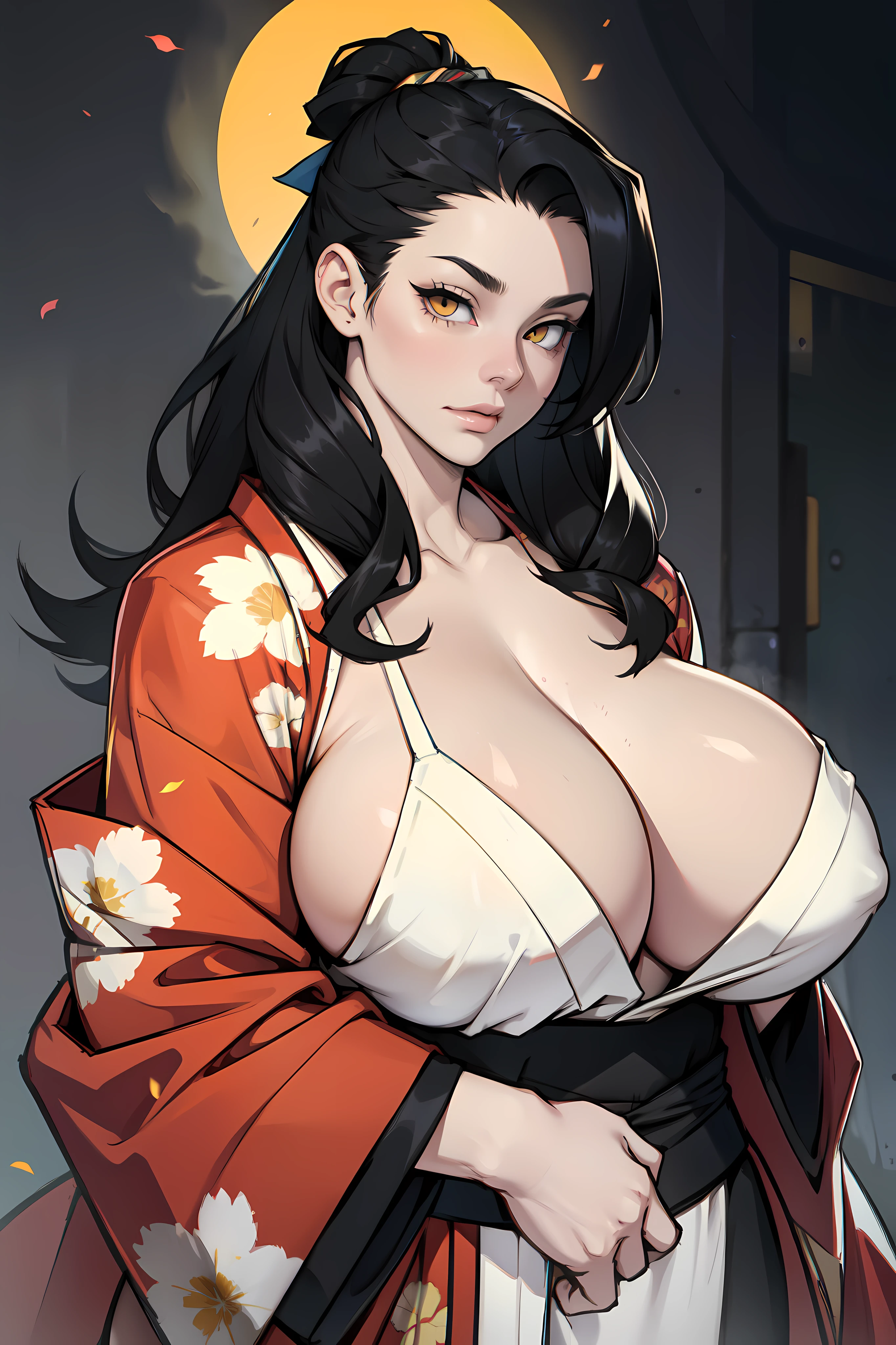 kimono pale skin 1 girl black hair yellow eyes bodybuilder huge breasts