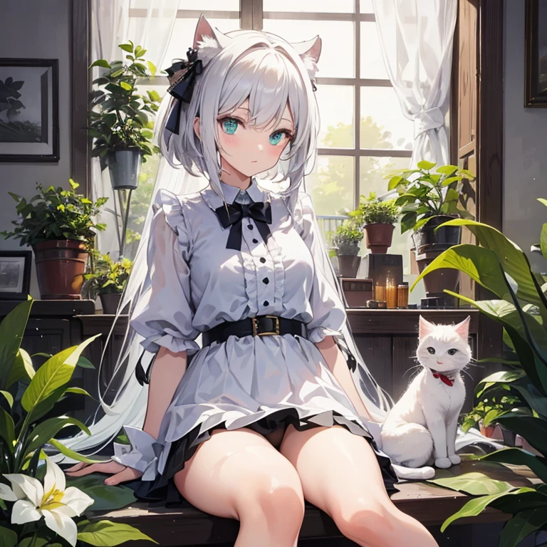 Best quality)), ((tmasterpiece)), (Detailed pubic hair), is a perfect face,Anime male, white shirt,Light green flower shop scene,Sit Pose,The character has a white kitten'Papp,Lateral face,tmasterpiece,glowing,insanely details,dream-like,Well done,double exposure technology,epic
