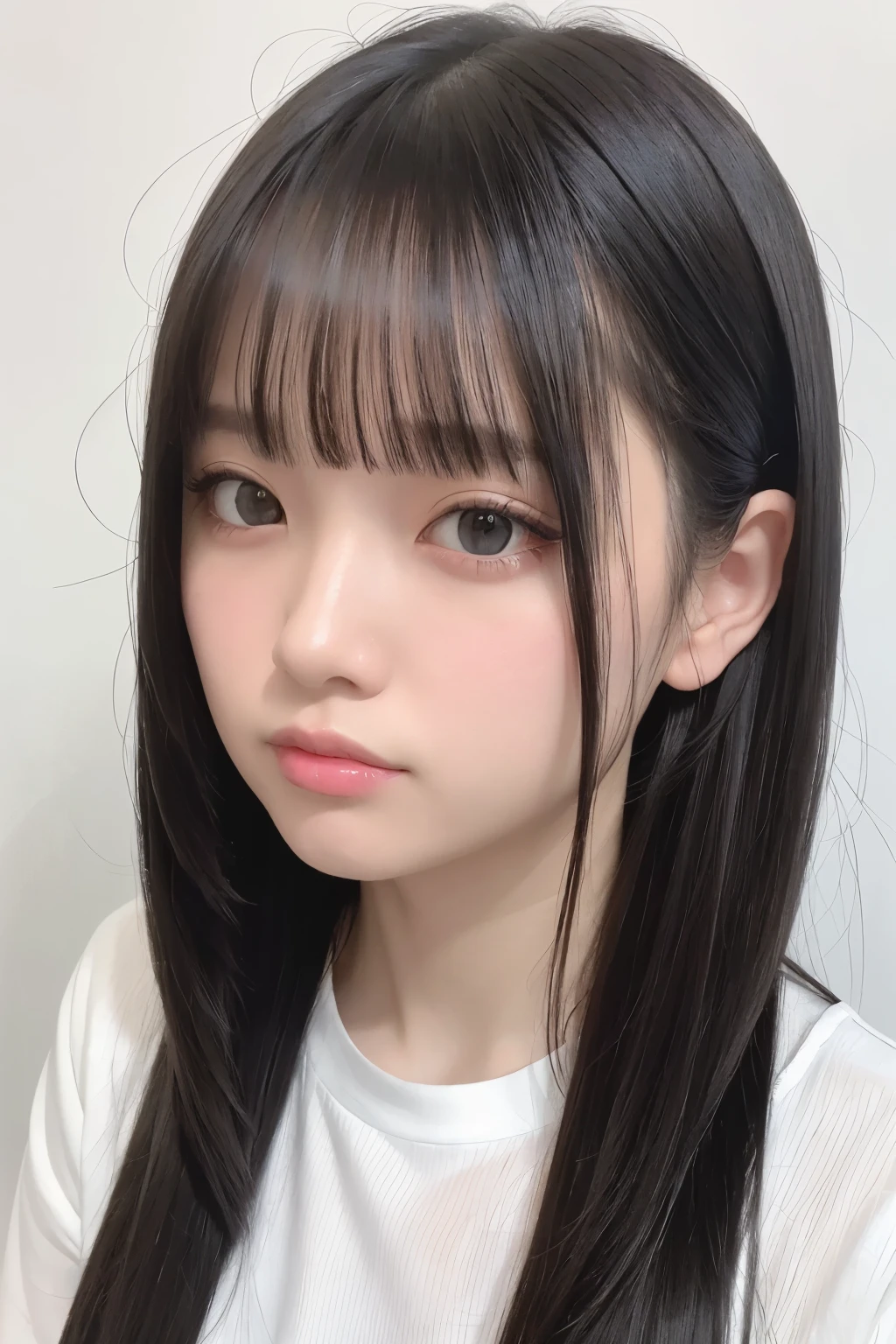 masterpiece, best quality,1girl, solo, black hair, realistic, long hair, white shirt, bangs, closed mouth, upper body, hime cut, white background, potrait