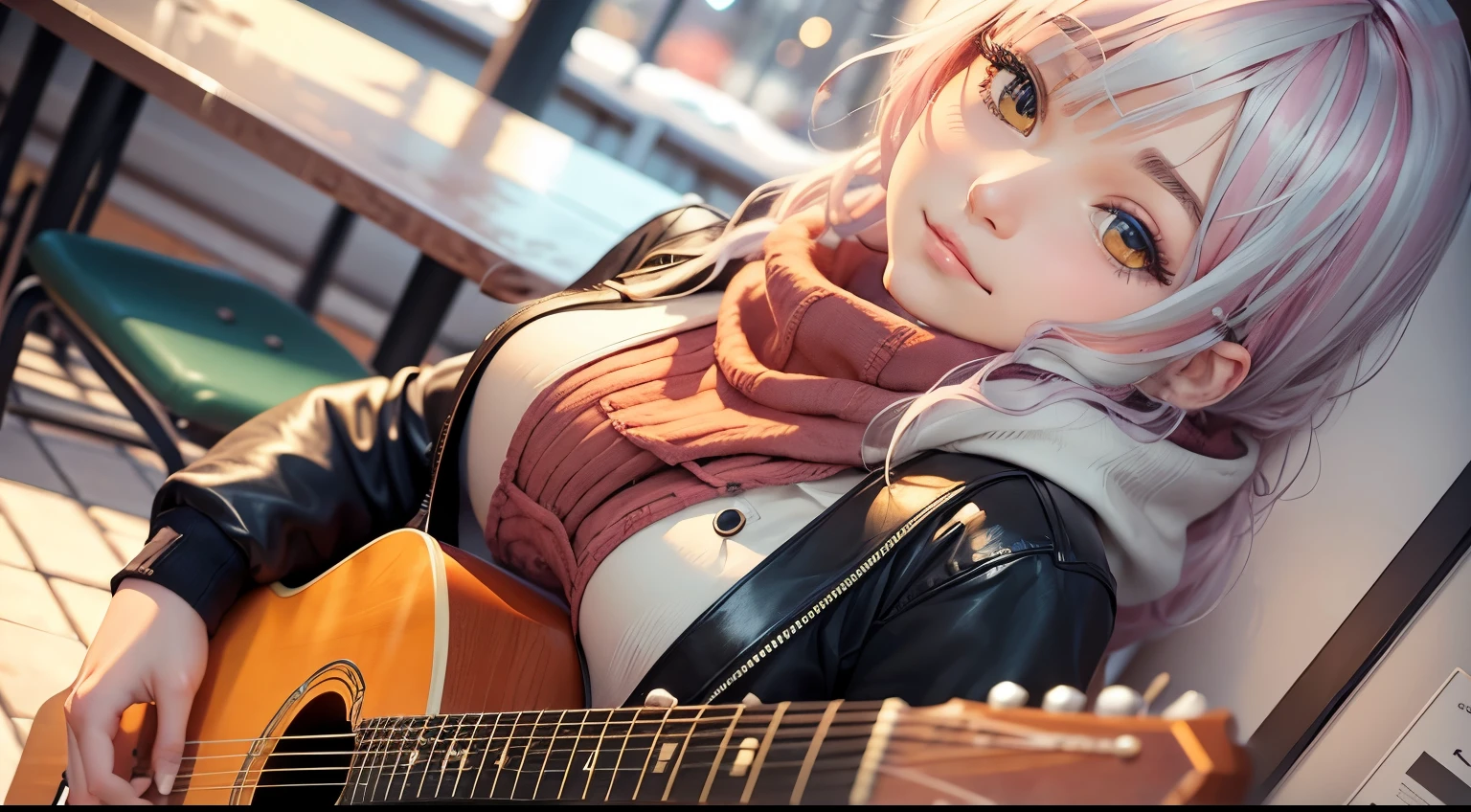 Anime girl with a guitar in the colorful winter urban cafe