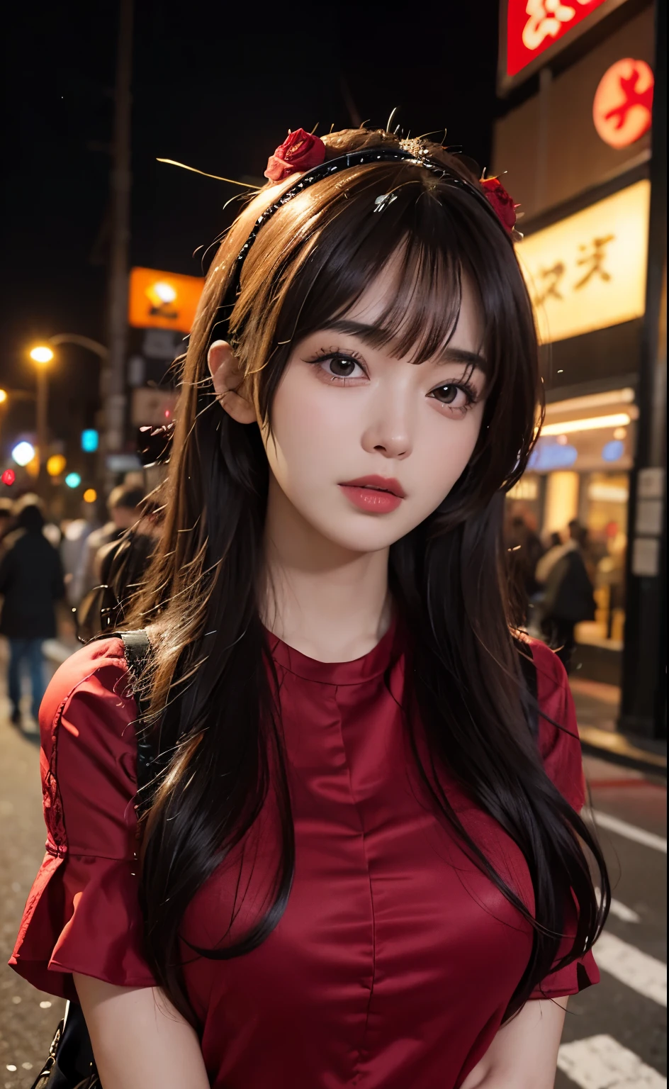 1girl, Tokyo street,night, cityscape,city lights, upper body,close-up, 8k, RAW photo, best quality, masterpiece,realistic, photo-realistic,headgear of red rose, parted bangs, long hair,