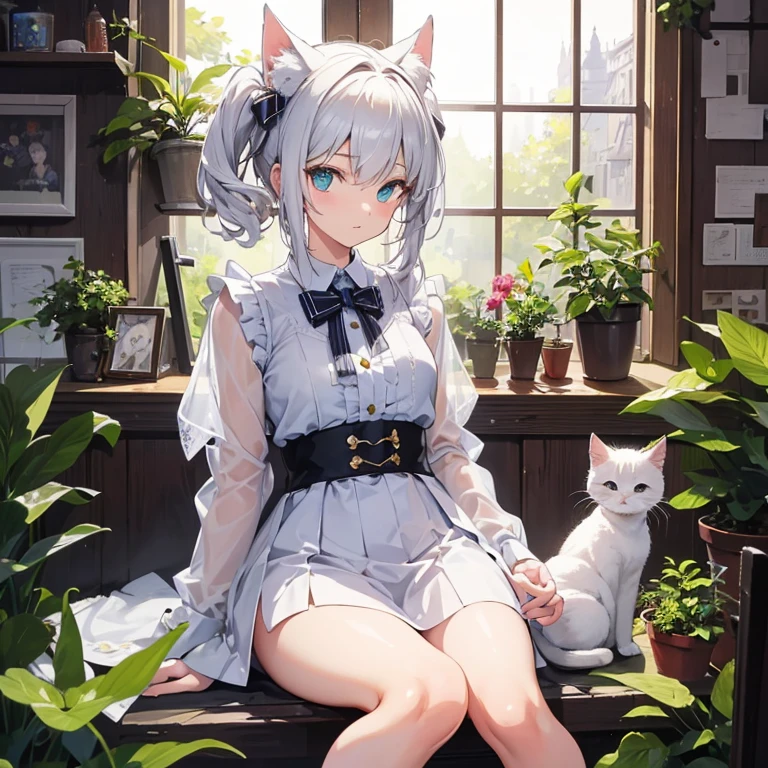 Best quality at best)), ((tmasterpiece)), (Detailed pubic hair), It's a perfect face,Anime male, white shirt,Light green flower shop scene,Sit Pose,This character has a white kitten'Pappu,Lateral face,tmasterpiece,glowing,insanely details,like a dream,Well done,double exposure technology,epic