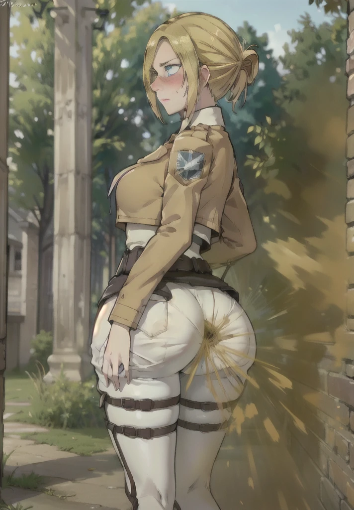 ((annie leonhart)),((velocity)),Attacked by farts, (((Women stand)),Embarrassed,velocity,((classic city)),((One Woman)),((fart while stand),her butt facing screen,fullbody,blue eye,detailed eyes,blushing)),(masterpiece:1.2、top-quality)、(the Extremely Detailed CG Unity 8K Wallpapers、ultra-detailliert、Best Shadows)、(细致背景)、(The best lighting、extremely delicate and beautiful)、depth of fields、1girl in、独奏 ,Women wear scout outfit,Ephemeral,,(blonde),(scout regiment outfit)),((((Girl embarassed when she smells the bad smell of farts)))),outfit like a scout regiment,((((profile facing diagonally)),((massive fart))