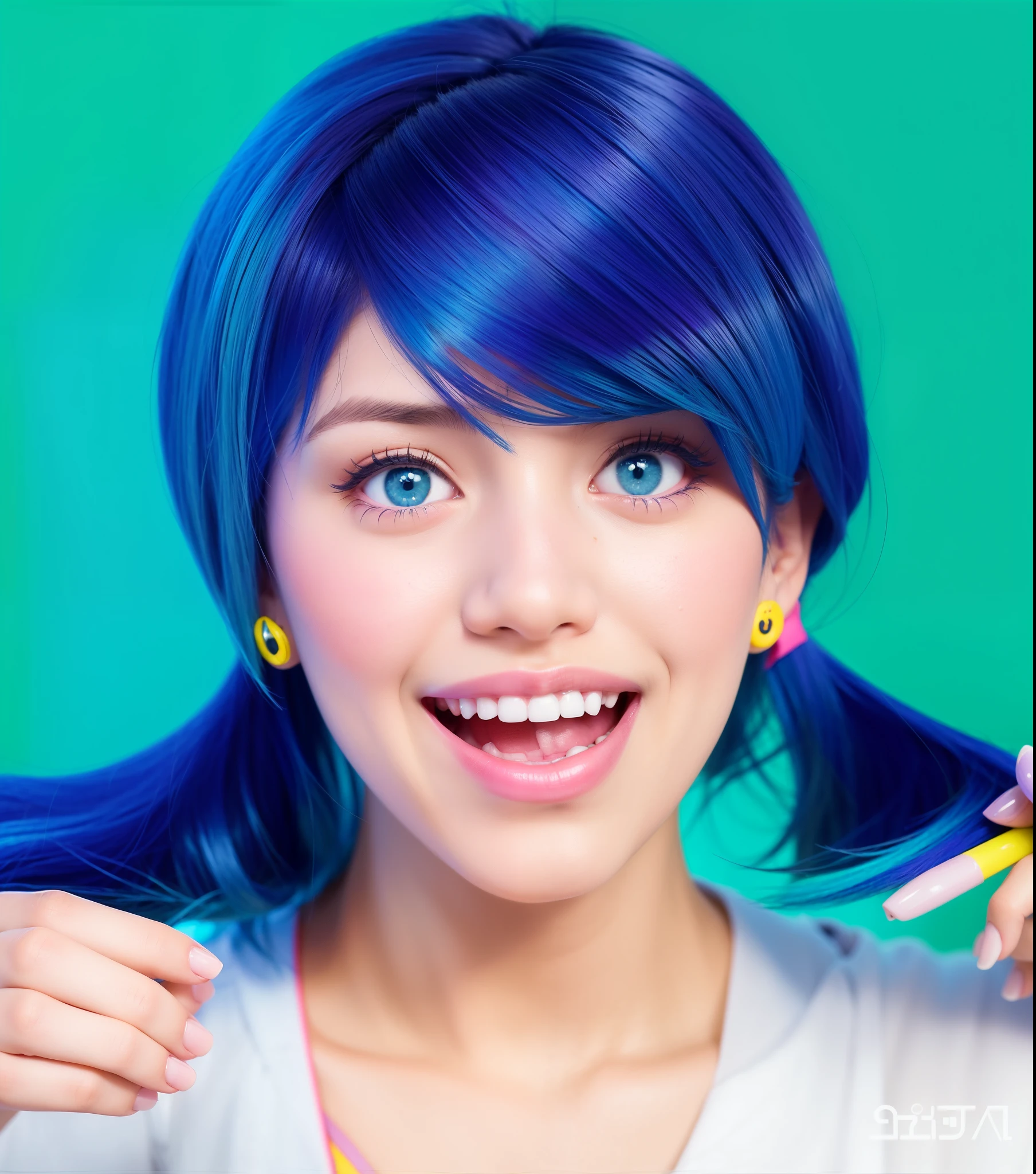 super cute girl, girl with blue hair, pretty girl with blue hair, little girl with blue hair, colorful pigtail, neon blue highlights, glossy makeup, (natural korean skin:1.rofessional photo