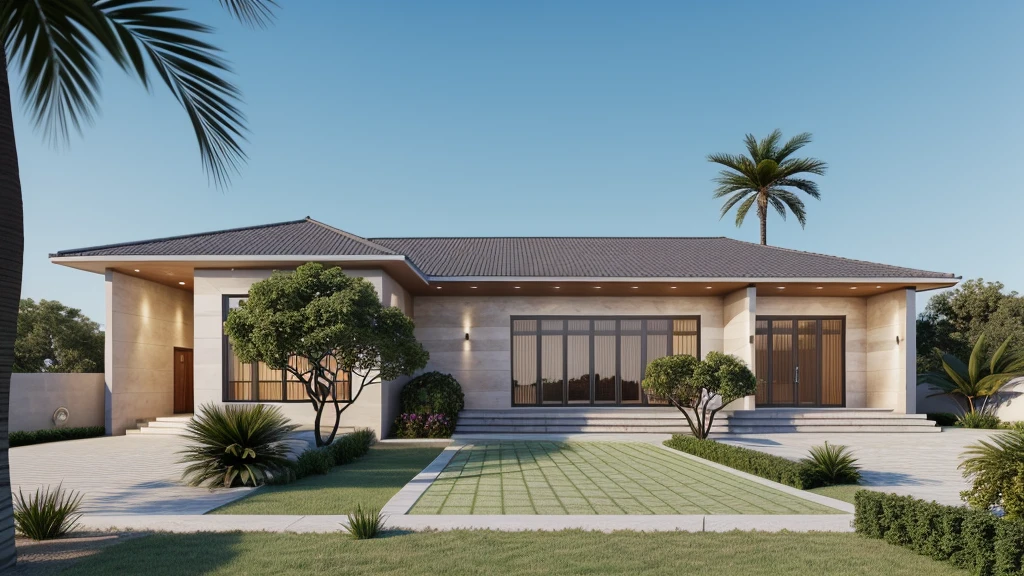 Modern villa, with swimming pool in front of the house, surrounding trees, masterpiece, photos taken by professional camera (realistic photo), super detailed, (hyper detail, extremely detail, supper detail), rendered by vray 2023 , 8k rendering, impressive design, sunset light, warm light from inside the house (warm light from indoor), Aerial View