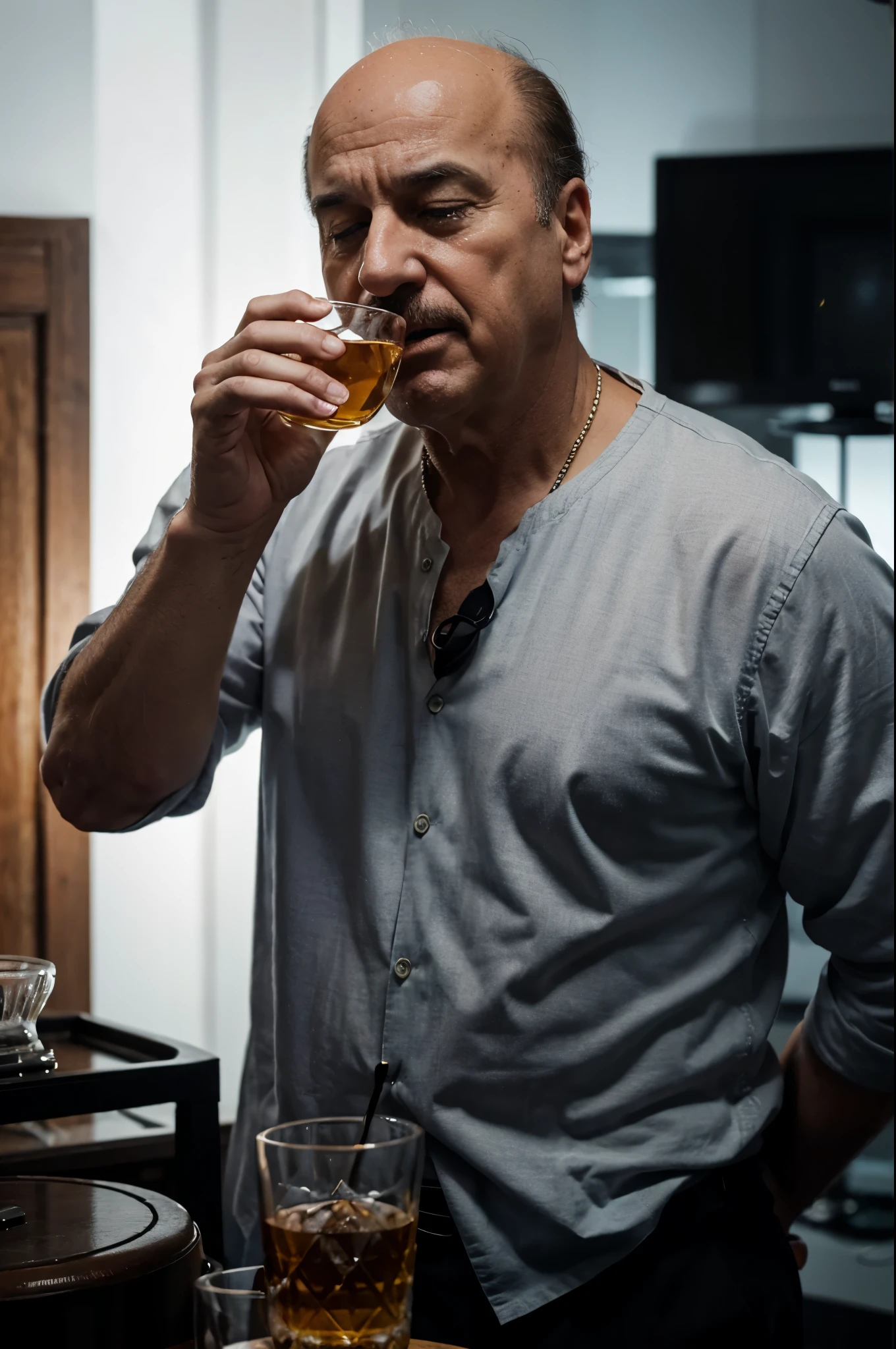 Dr Phil in a party setting where the background is dark. He’s crying into a cup of whisky with his eyes squeezed shut, looking like his mid sob and taking a sip of the drink