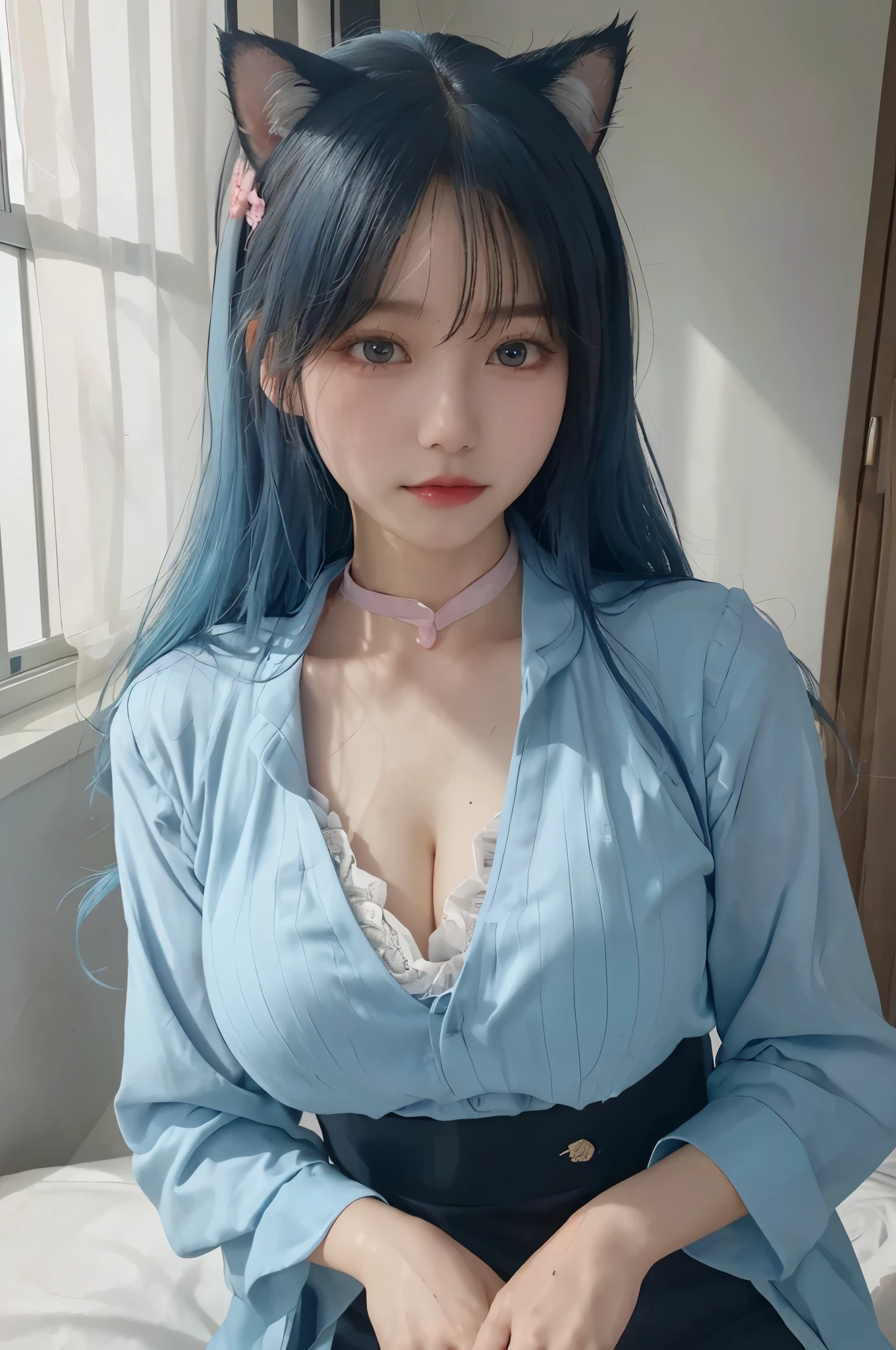 (tmasterpiece, The best_quality, ultra - detailed, 8K, hyper HD, flawless perfection:1.latin blue hair, blue hairs，cat woman,, Cat ears,  glowing pink eyes, the shy, Compliant, face flushed, Wet oily skin, on top of the bed, bigger胸老婆,  heart tattoo above, , bigger腿粗, Beautiful hip curve, 巨bigger, thicc, skin tight, scantily clad, Lace, collars, face to the viewer,  janelas, Bedrooms, midynight, sexy for,,Japan goddess, Cardigan shirt, Korean girls, 美丽的asiagirl, V-shaped bust clothes, low chest，巨bigger，Expose the upper half of the chest，not compact，下垂的bigger胸，gorgeous chinese models, gorgeous young korean woman, model in Japan, Thick lips，duck mouth，asiagirl, beautiful young korean woman, in blouse wearing, beautiful Korean women, 坐on top of the bed, watching the future,巨bigger，bigger，Upp,frontal photos，super closeup,facing at the camera，Take photos carefully