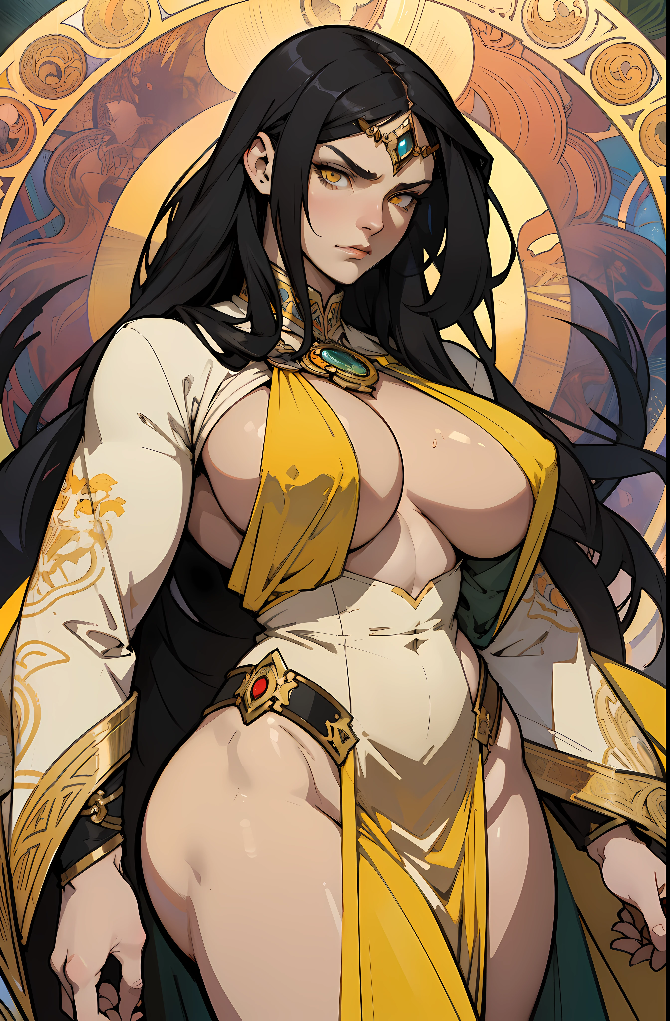 ((1 girl)) angry very long hair pale skin black hair yellow eyes ((muscular)) (huge breasts) by alfons mucha