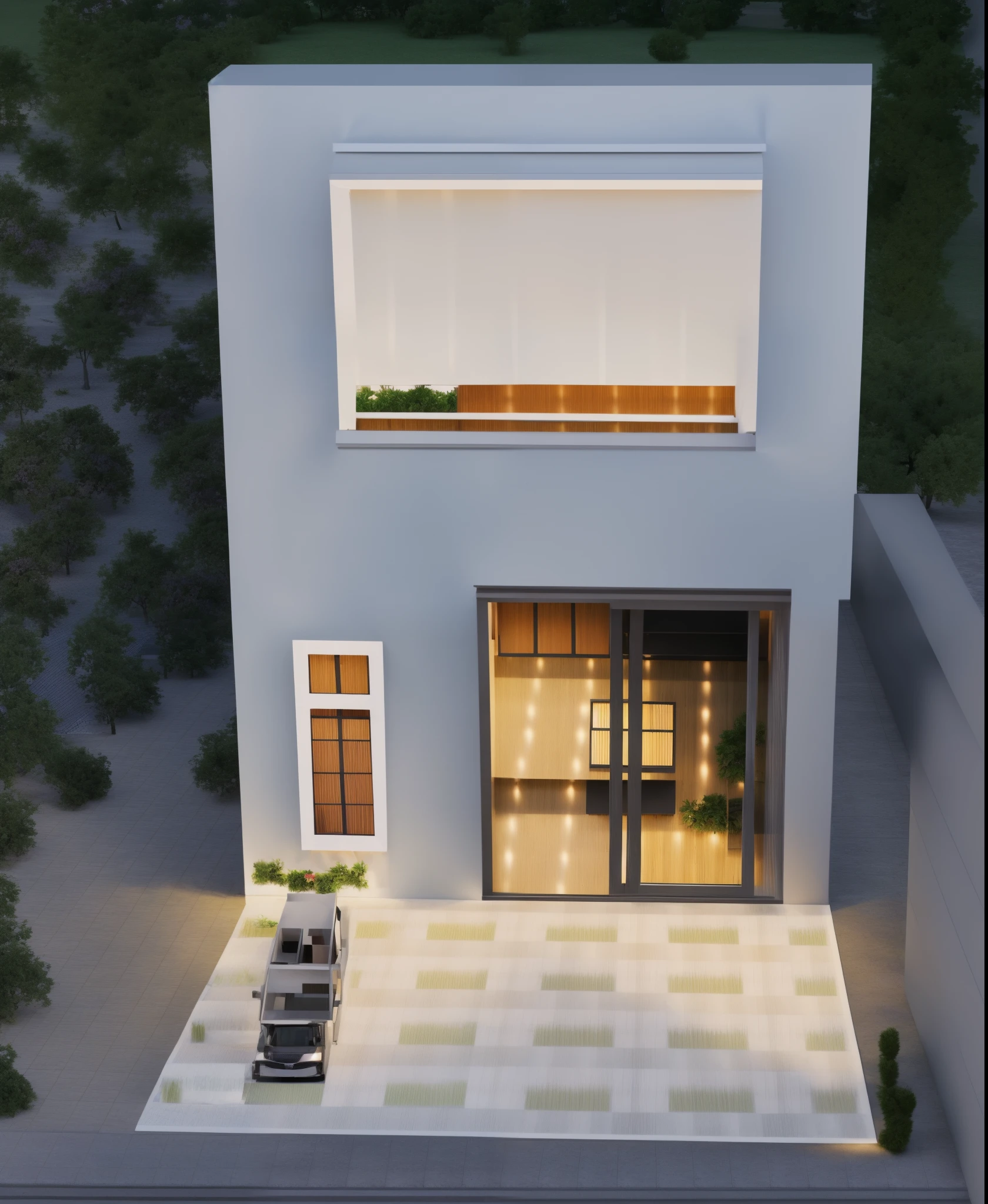 Realistic images, extremely detailed, a modern house,(((1 road in font of house))), large yard made by ceramic, (1 car), brick fence, lawn, a few small flowers, a road in front of the house, main materials of the house are white walls and red brick, Modern design, clear blue sky, sunrise light, light from inside, dynamic light,shimering light, cinematic light, romantic feeling, (((day light, warm light)))