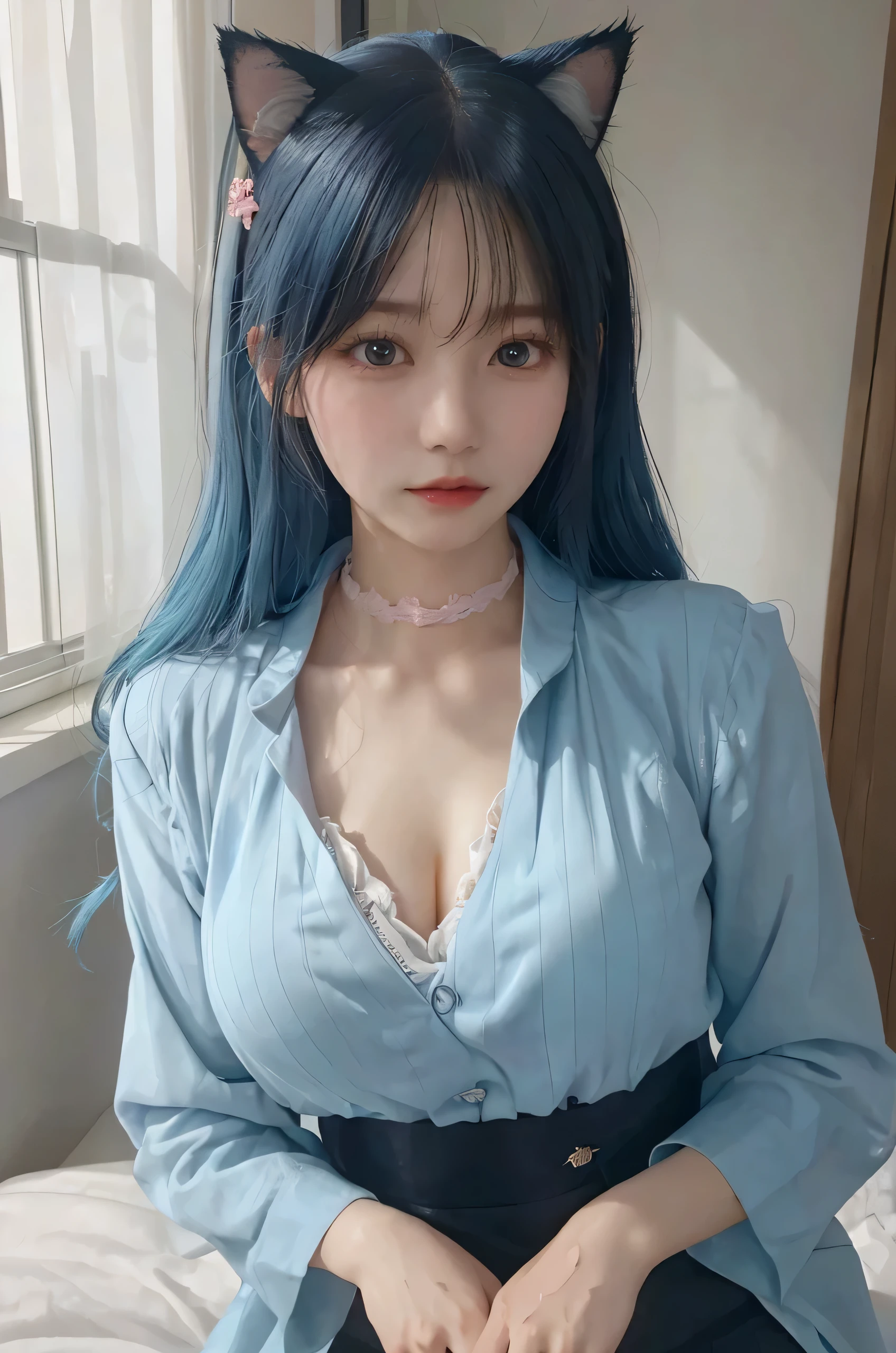 (tmasterpiece, The best_quality, ultra - detailed, 8K, hyper HD, flawless perfection:1.latin blue hair, blue hairs，cat woman,, Cat ears,  glowing pink eyes, the shy, Compliant, face flushed, Wet oily skin, on top of bed, The large胸老婆,  heart tattoo above, , The large腿粗, Beautiful hip curve, 巨The large, thicc, skin tight, scantily clad, Lace, collars, face to the viewer,  window, Bedrooms, midynight, sexy for,,Japan goddess, Cardigan shirt, Korean girls, 美丽的asiagirl, V-shaped bust clothes, low chest，巨The large，Expose the upper half of the chest，not compact，下垂的The large胸，gorgeous chinese models, gorgeous young korean woman, model in Japan, Thick lips，duck mouth，asiagirl, beautiful young korean woman, in blouse wearing, beautiful Korean women, 坐on top of bed, watching the future,巨The large，The large，Upp,frontal photos，super closeup,facing at the camera，Take photos carefully