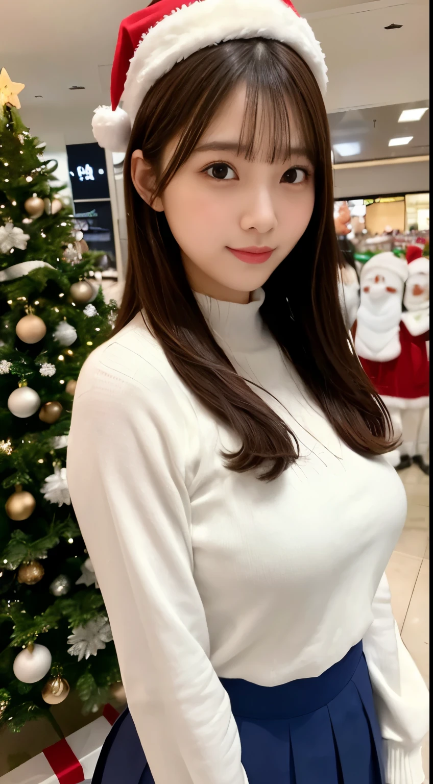 photo of a very cute and beautiful girl, ((upper body)), standing in shopping mall with big Christmas-tree, spot light, brown short hair, beautiful sensuous eyes, sensuous smile, thin eyebrows, voluptuous body, intricate detail, natural skin, beautiful thighs, perfect hands, perfect fingers, detailed skin, mole, upper body,
BREAK
wearing  sailor school uniform, white, see-through, long-sleeve, blue sailor collar,navy Pleated Skirt Plain, formal, half-cleavage, back hair, santa hat, cks,
outdoor, shopping mall, Christmas-tree, crowd, Christmas sale, shopping  bag,